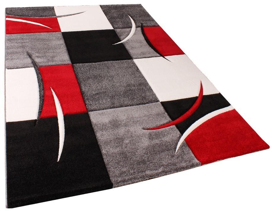 Area Rug Madeira Checkered with Contour Cut - Grey Red