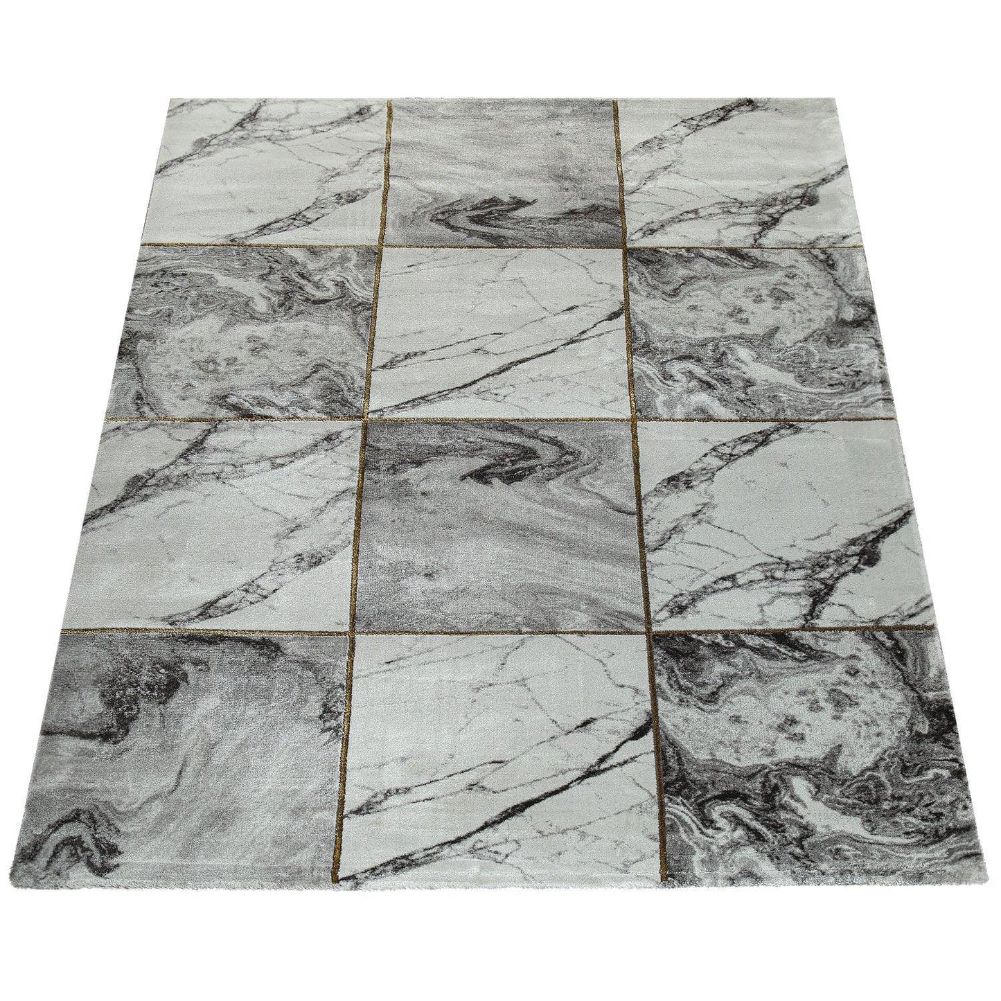 Area Rug Marble Pattern Checkered in Grey Gold Beige