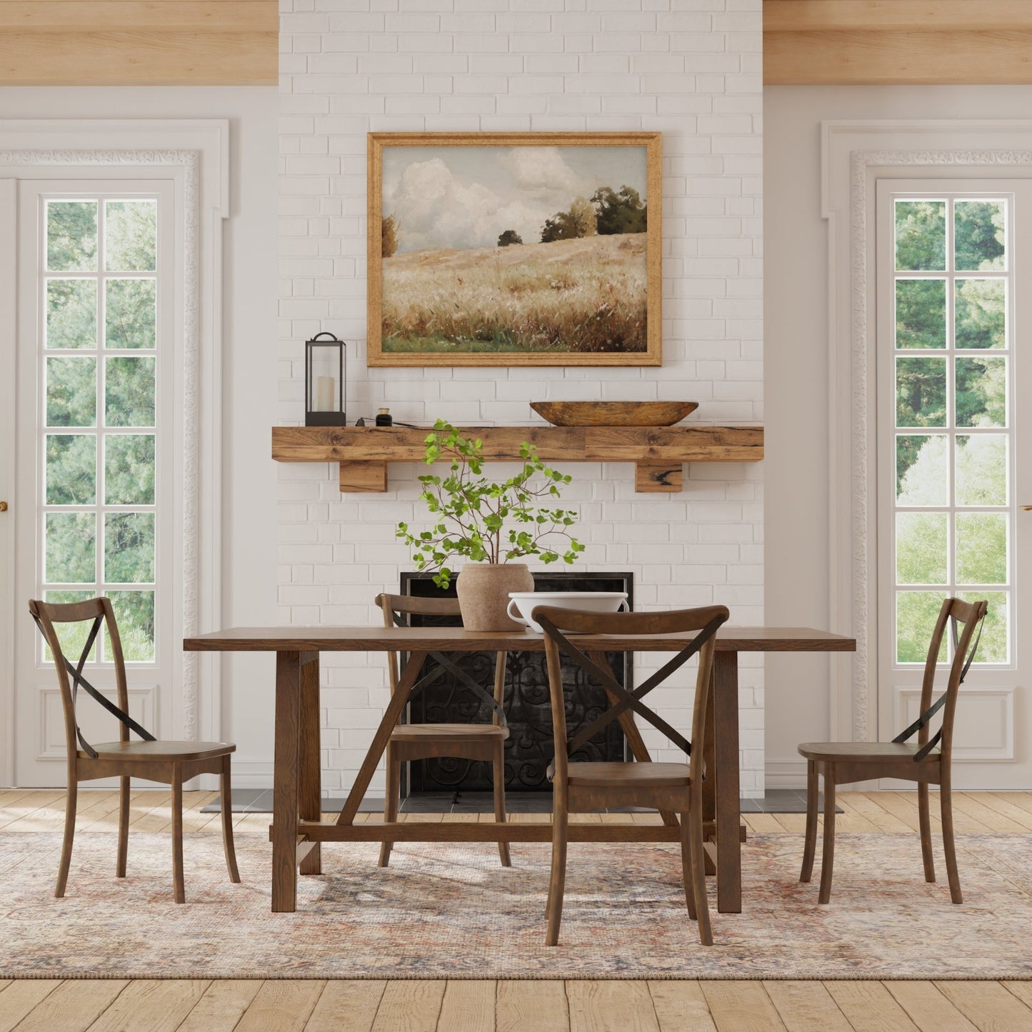 Arendal Trestle Dining Table set in a rustic dining room with cross-back chairs and large windows.