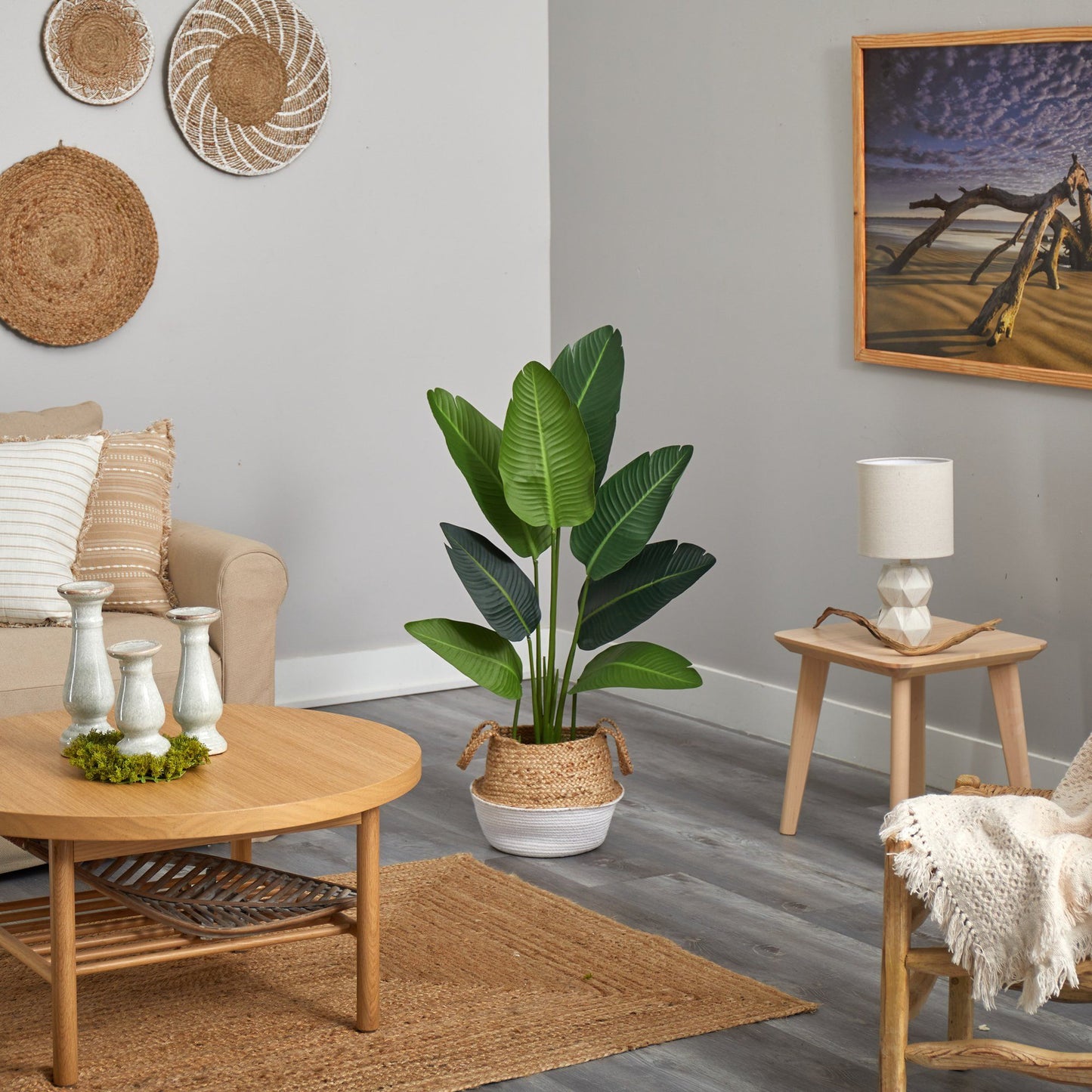 4’ Traveler's Palm Artificial Tree in Boho Chic Handmade Cotton & Jute White Woven Planter