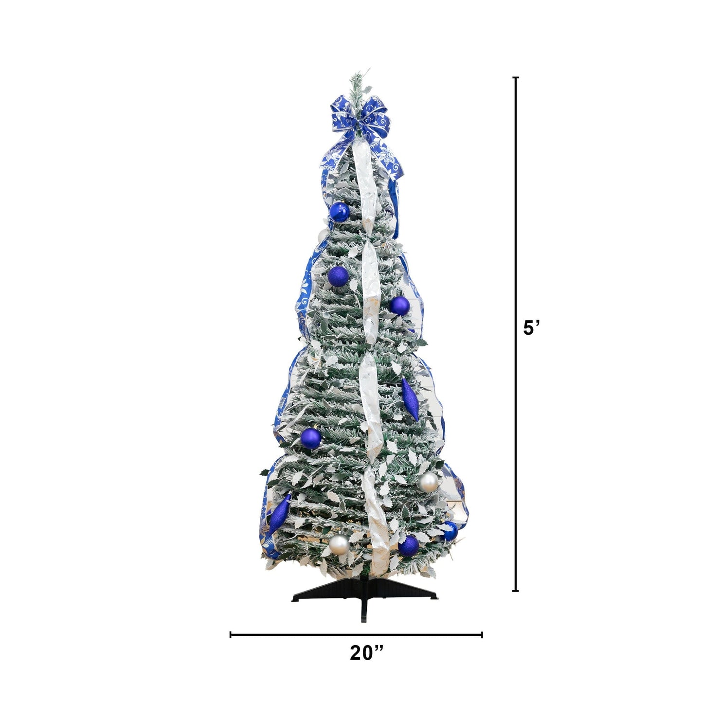 5' Pre-Lit Artificial Pop Up Flocked Christmas Tree with Silver & Blue Ornaments, Ribbons and 100 Warm White LED Lights