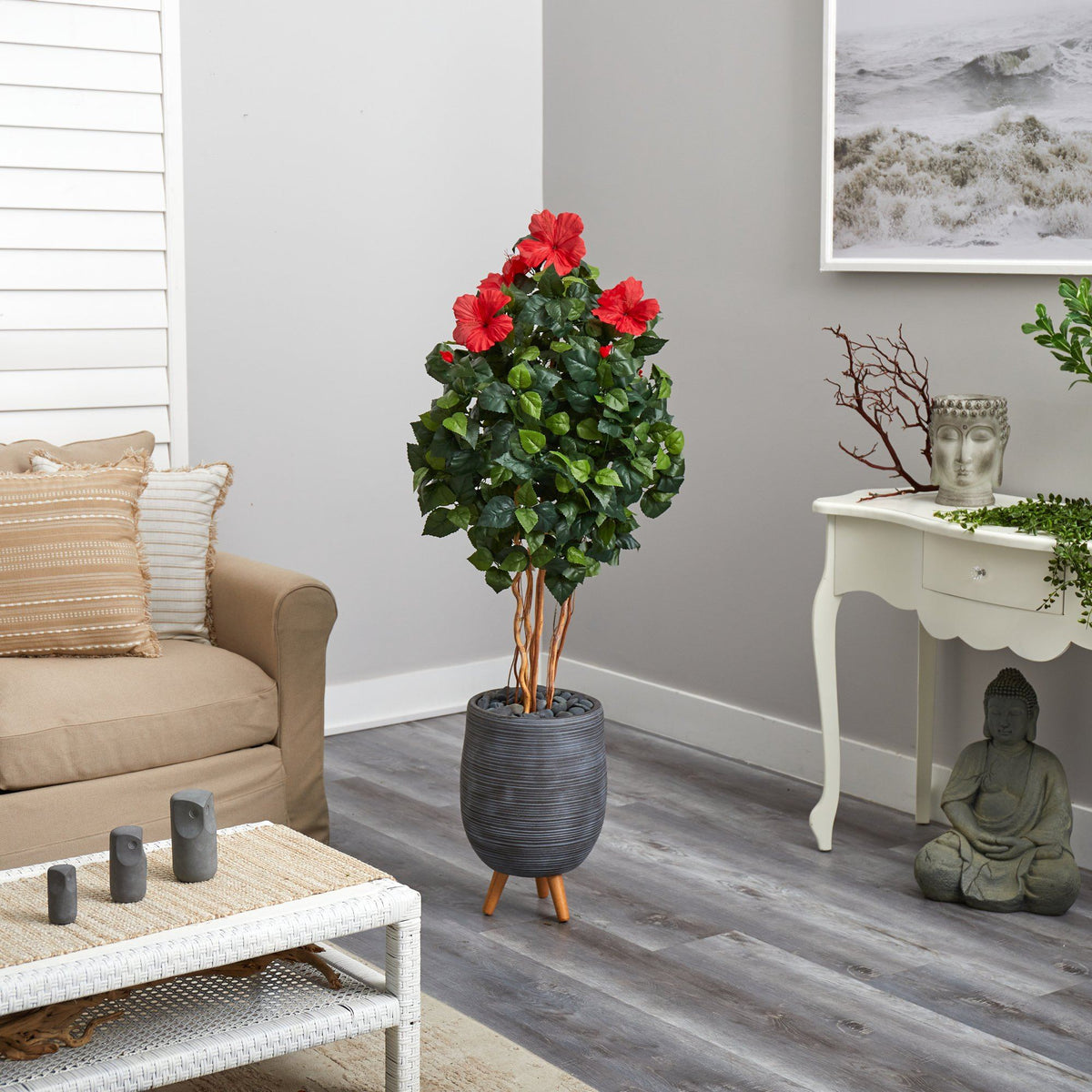58” Hibiscus Artificial Tree in Gray Planter with Stand