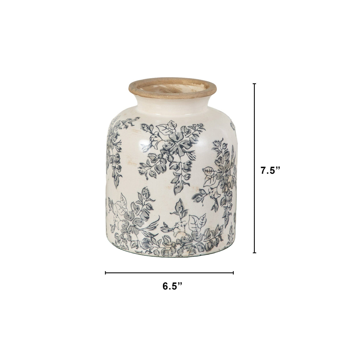 7.5” Floral Tuscan Ceramic Gray Scroll Vase