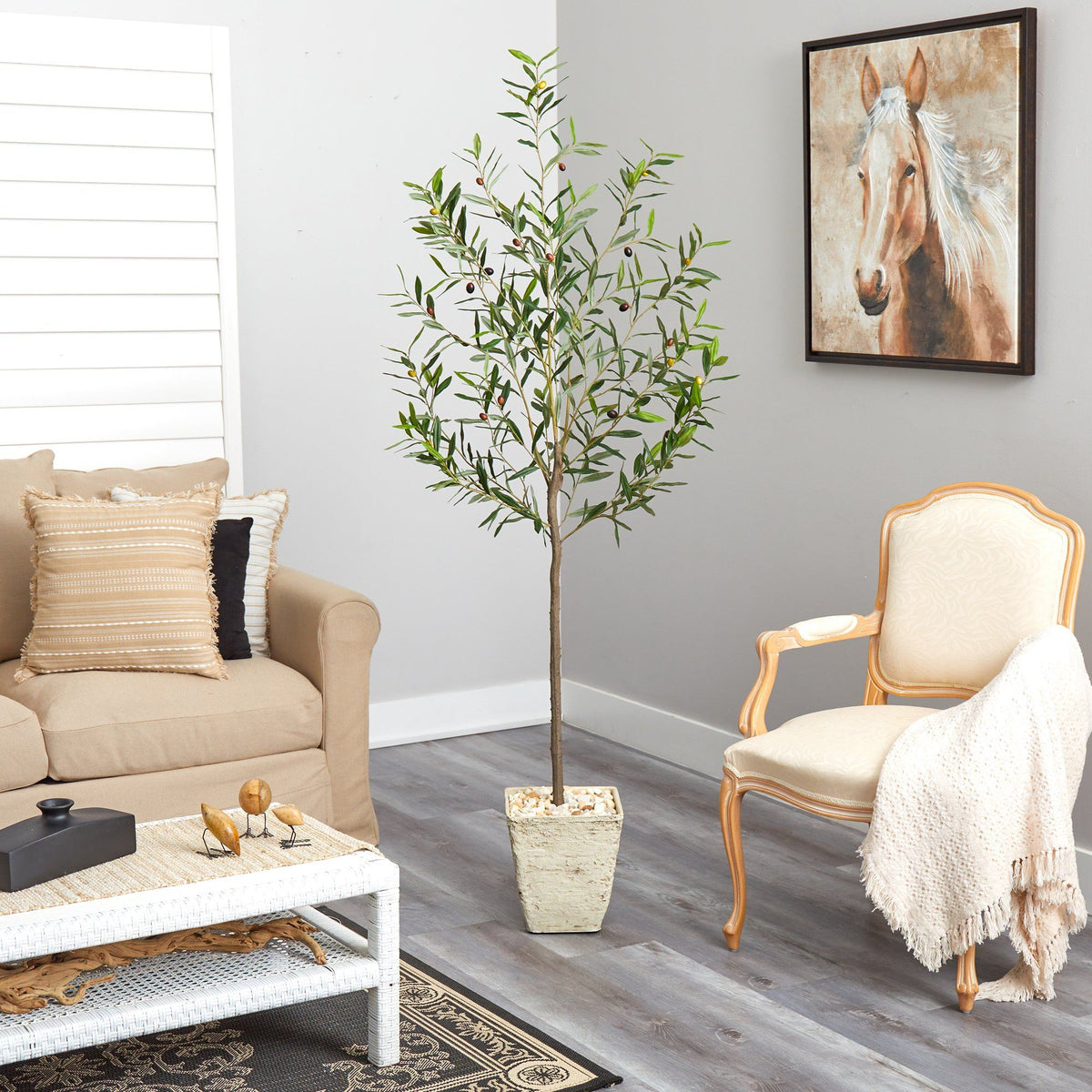 75” Olive Artificial Tree in Country White Planter