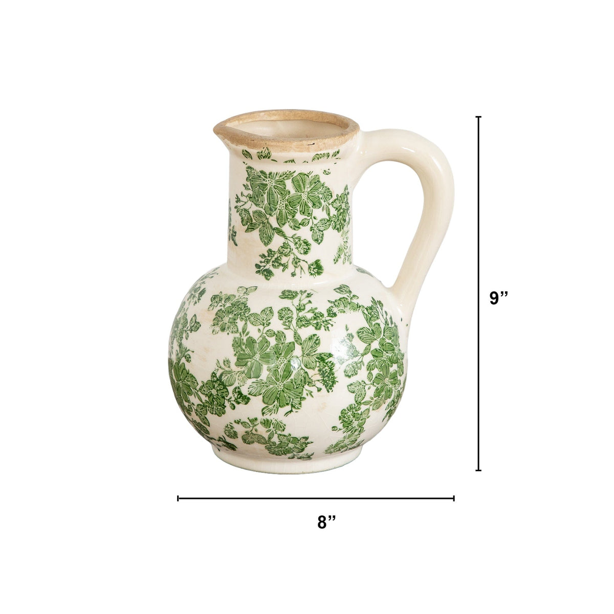 9” Floral Tuscan Ceramic Green Scroll Jar