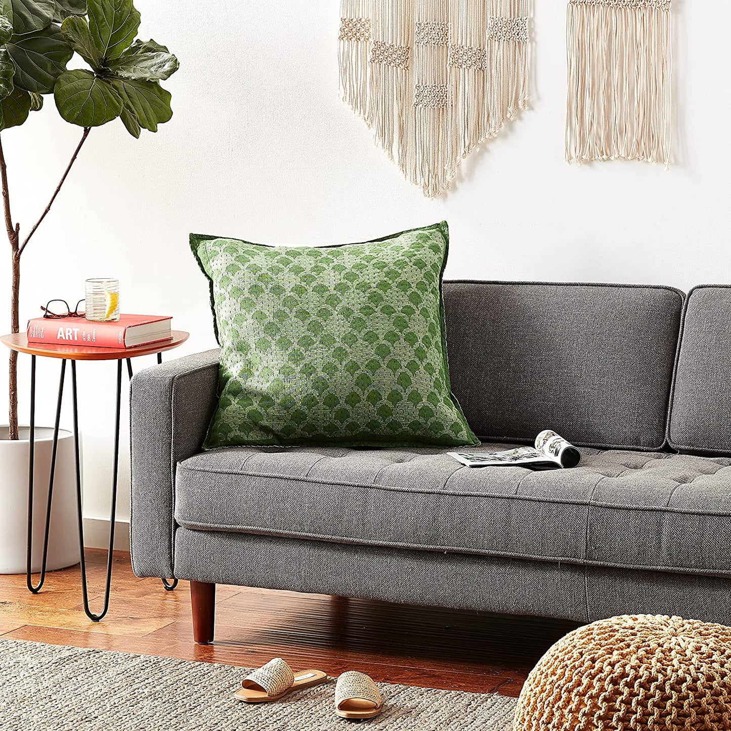 Artisan Hand Loomed Cotton Square Pillow - Green Ginkgo Design - 24" Arcadia Home