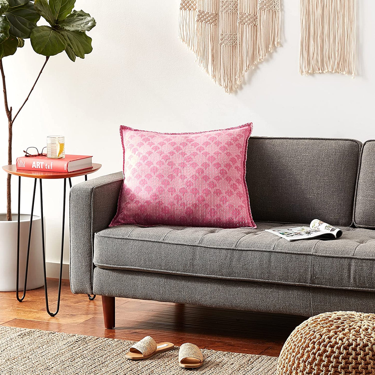 Artisan Hand Loomed Cotton Square Pillow - Pink Ginkgo Design - 24" Arcadia Home