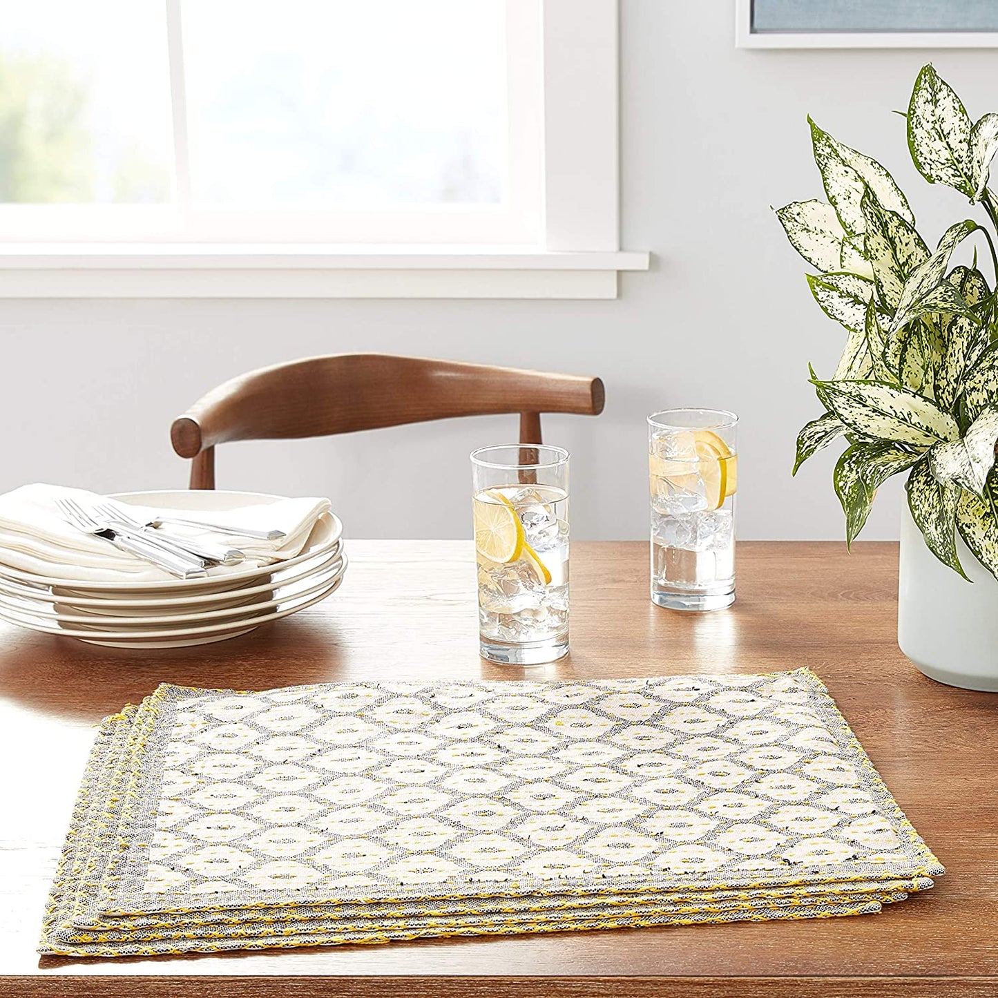 Artisan Hand Loomed Placemat - Gray Yellow Stitching - 14" x 19"- Set of 4 Arcadia Home
