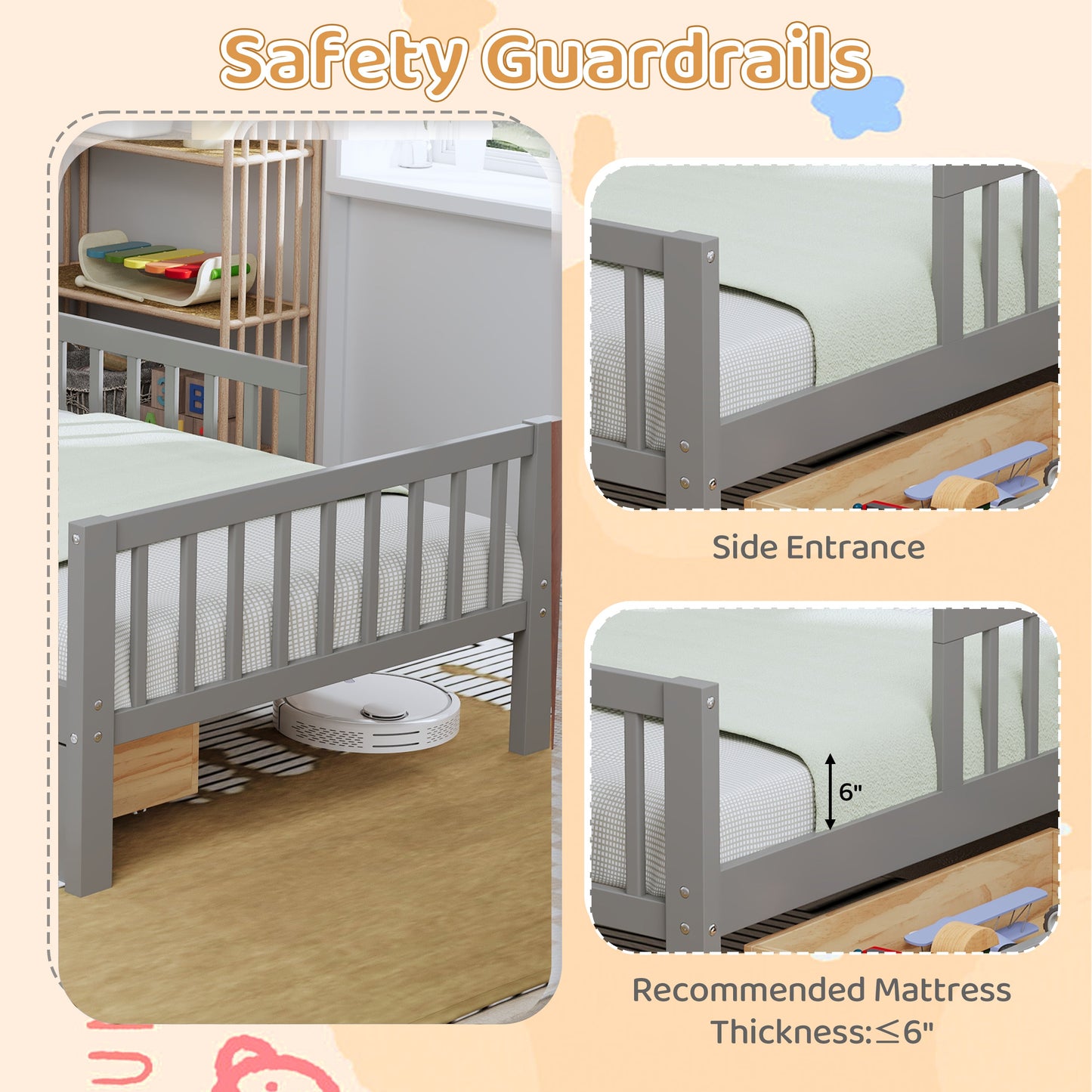 Twin Size Bed with Headboard Storage Rack and Under-Bed Drawers
