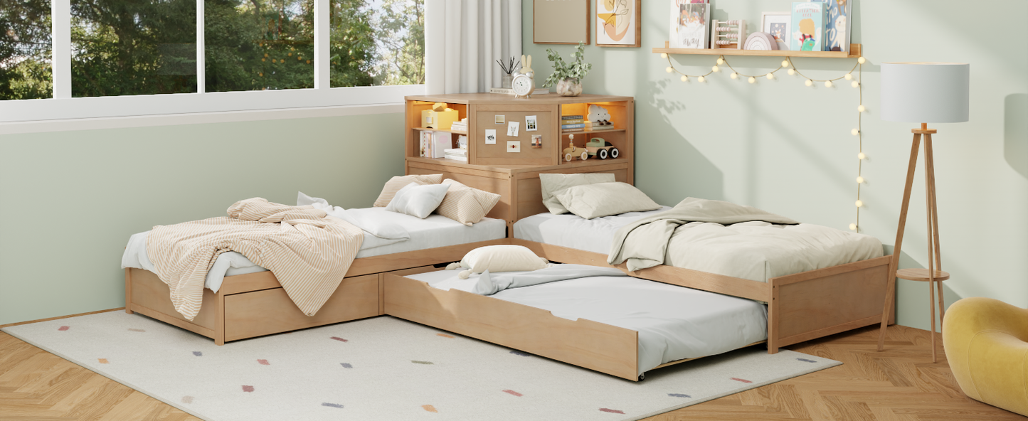 L-Shaped Combination Twin Bed Frame with Trundle and Drawer