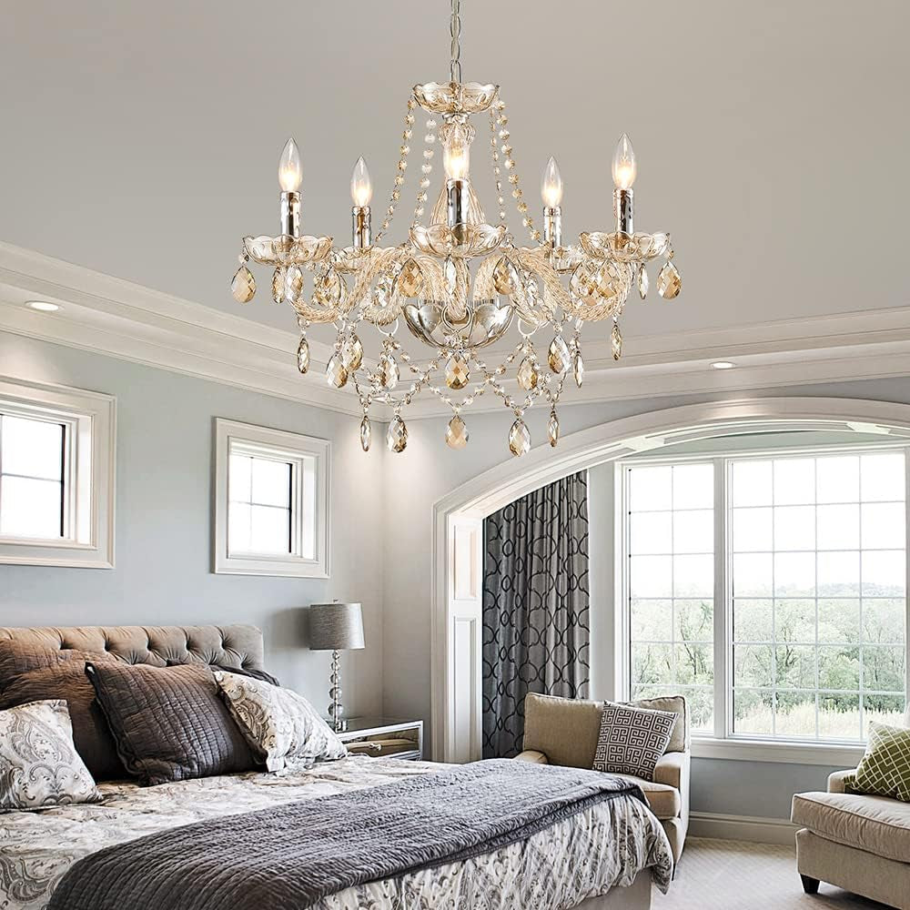 Champagne Crystal Chandelier 5 Light Modern Bedroom illuminating a stylish bedroom with elegant decor.