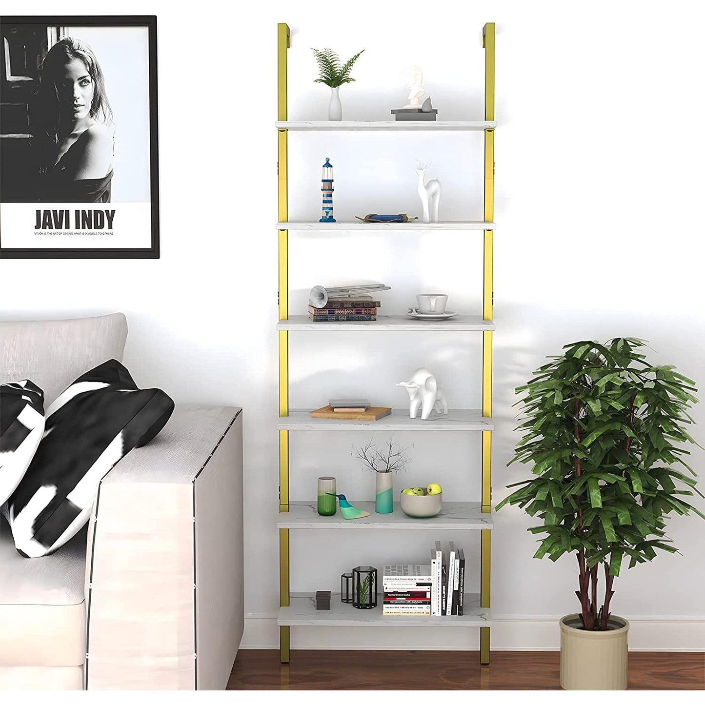 Marble White 6 Tier Ladder Shelf Bookcase Wall Mounted