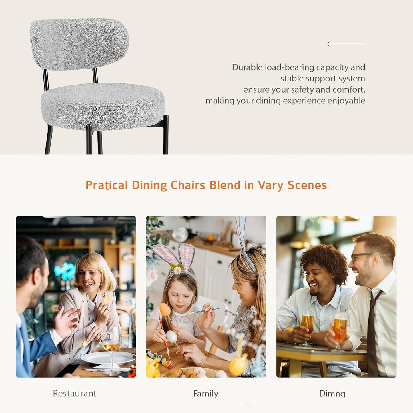 Boucle Upholstered Dining Chairs Set Of 4 With Curved Backrest Metal Legs Grey
