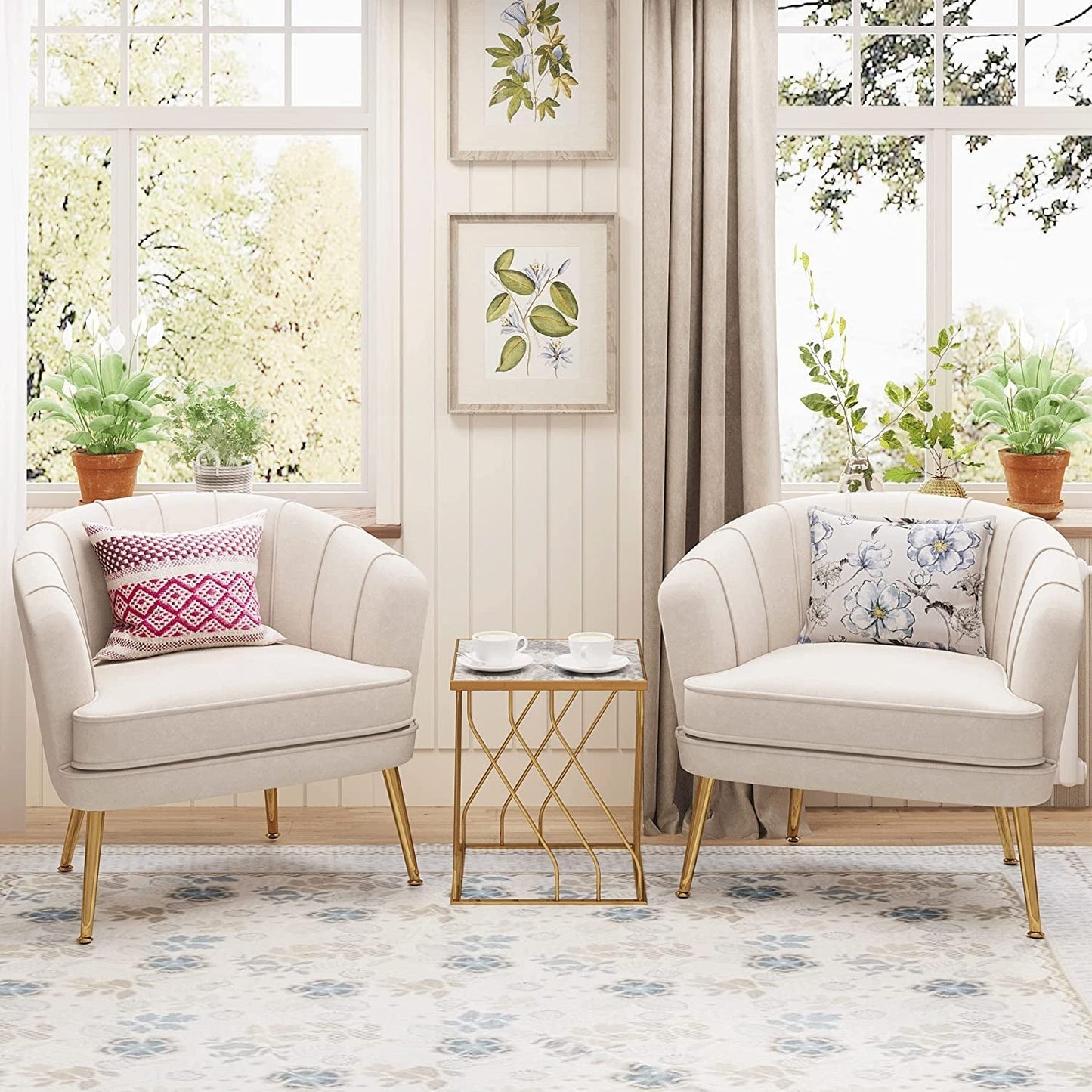 Modern Beige Velvet Accent Chair With Gold Metal Legs