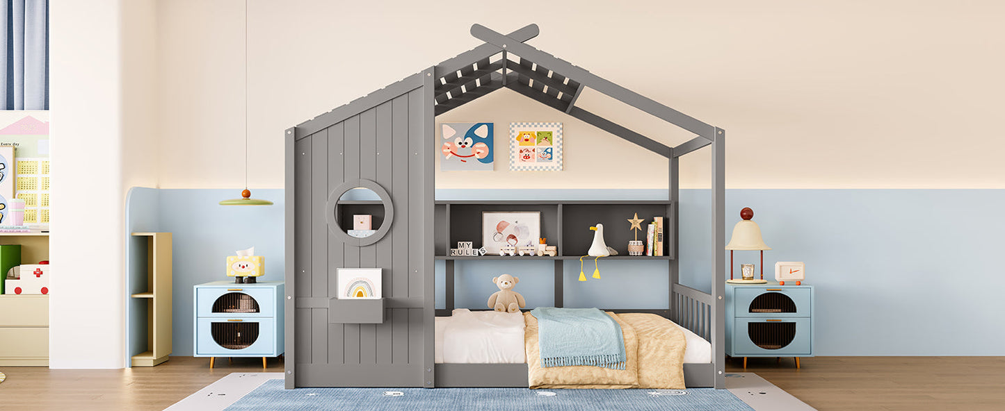 Twin Size Floor House Bed for Toddler, Kids Montessori Bed with Storage Shelf, Playhouse Bed with Roof Design, Gray