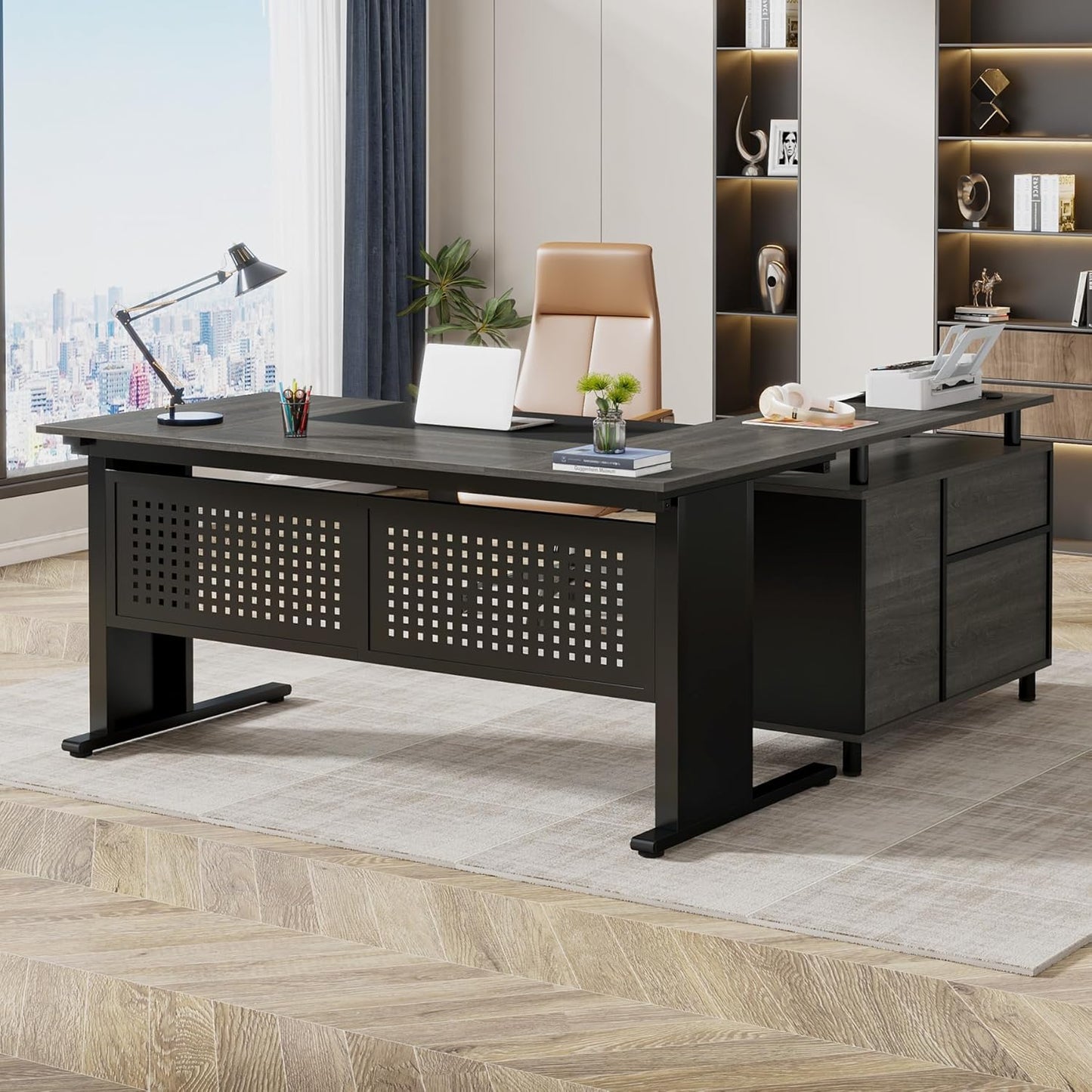 63" L-Shaped Executive Desk with File Cabinet