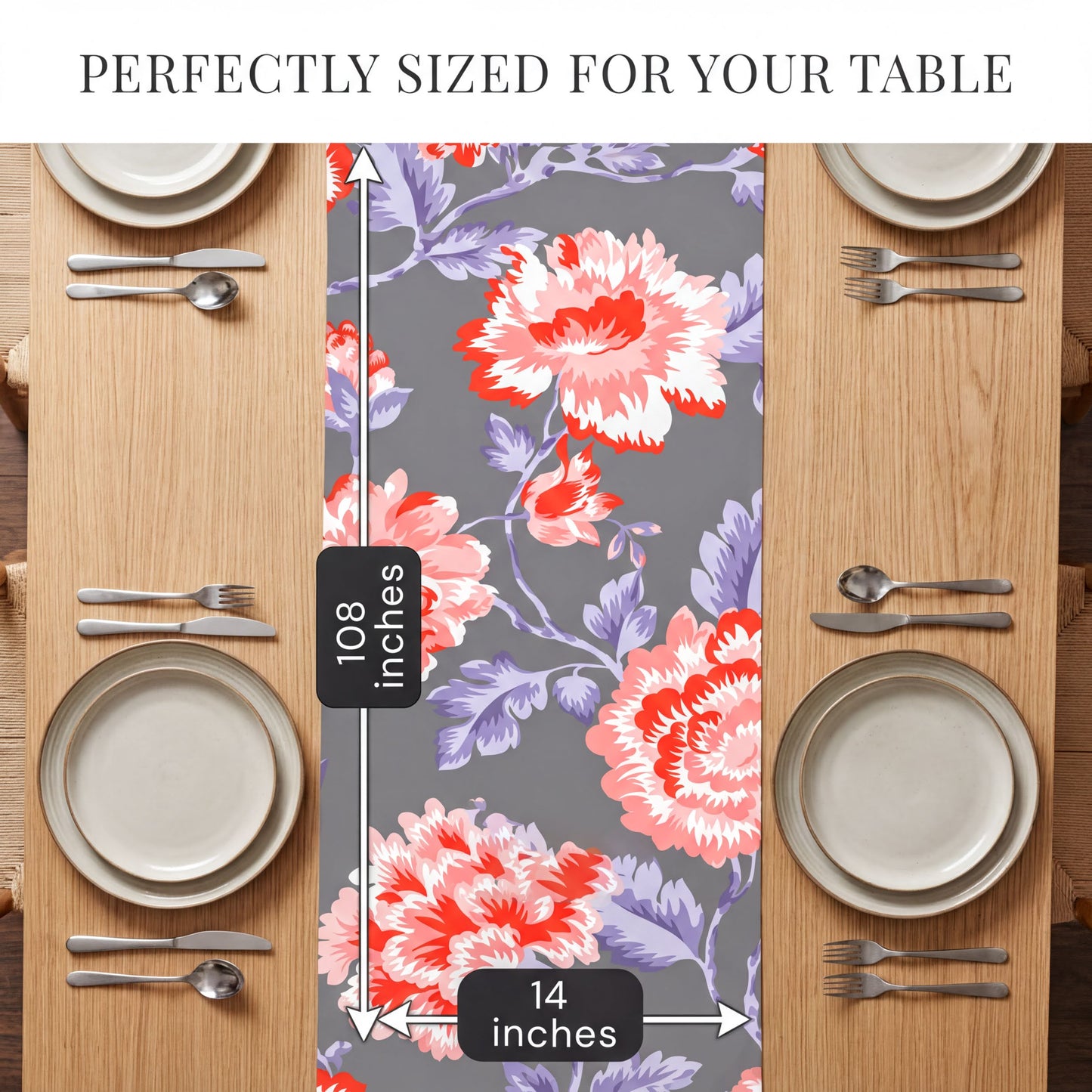 Gray Red Table Runner - Floral Polyester Indoor Outdoor Decorative Linen