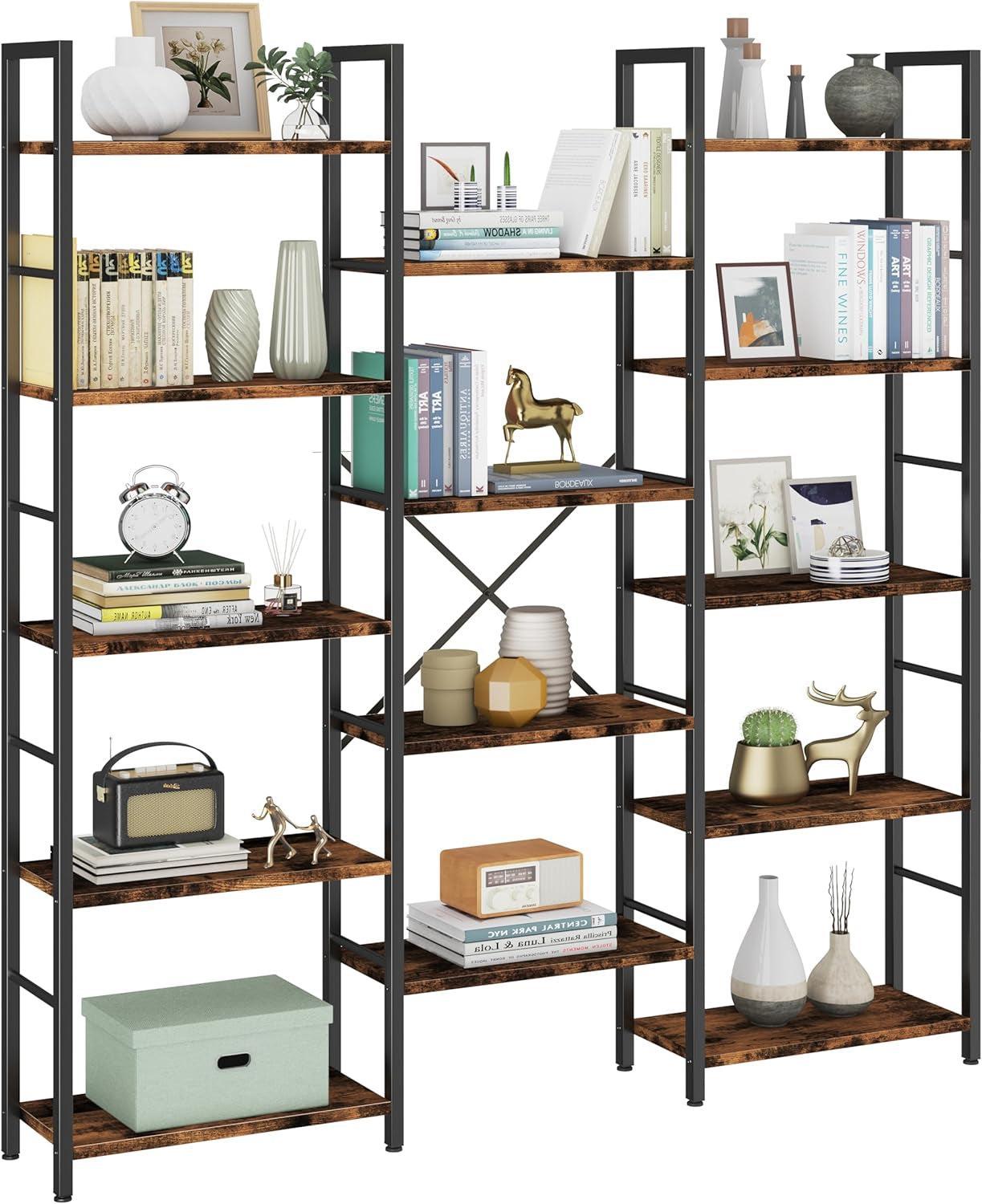 Rustic Brown Large Five Tier Bookshelf With Steel Frame