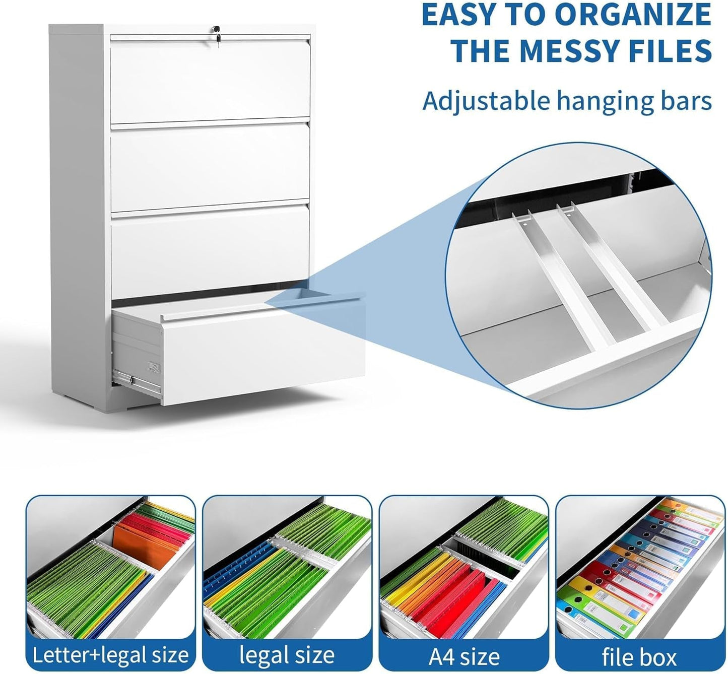 Lateral File Cabinet 4 Drawer White Metal With Locks