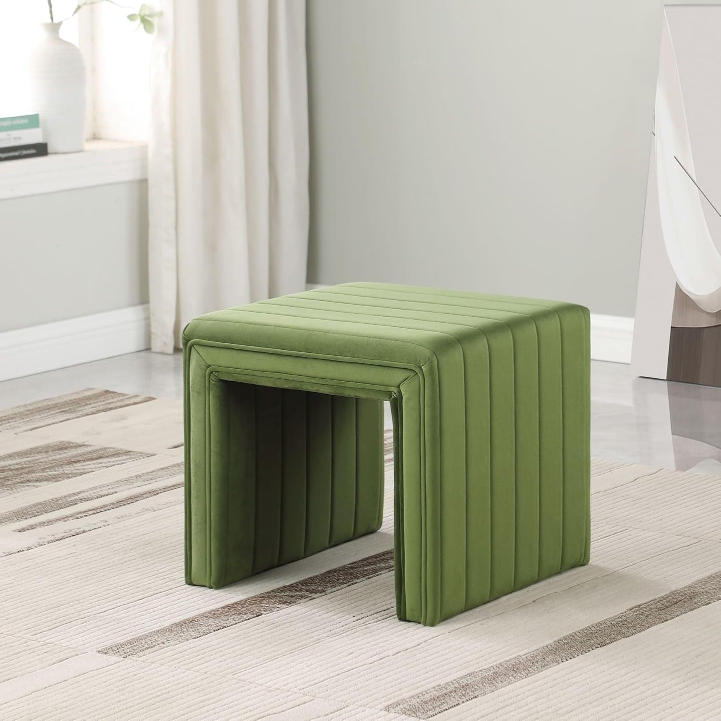 Elegant Green Velvet Tufted Channel Ottoman Footstool