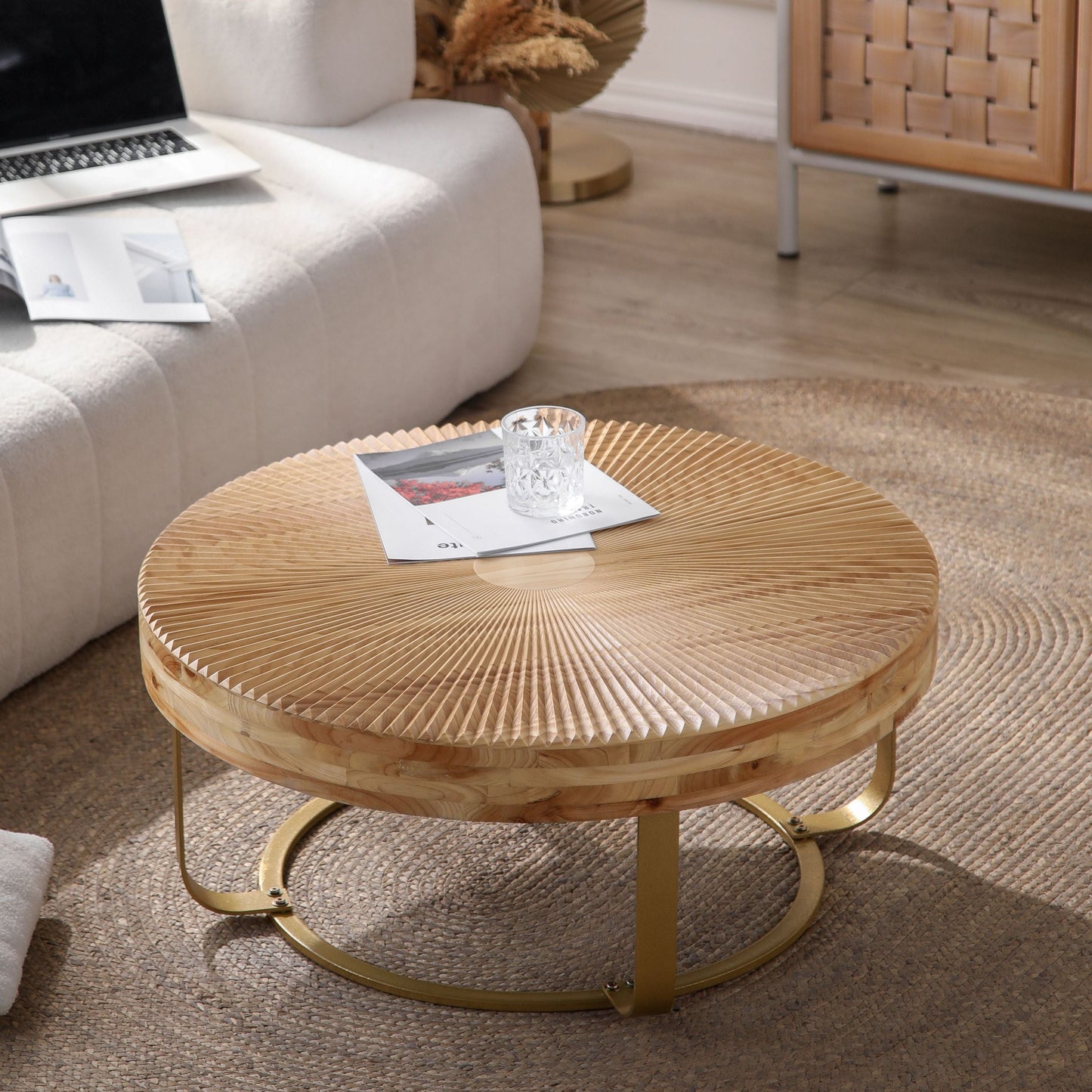 Modern Round Coffee Table with Wooden Carving Pattern and Metal Legs