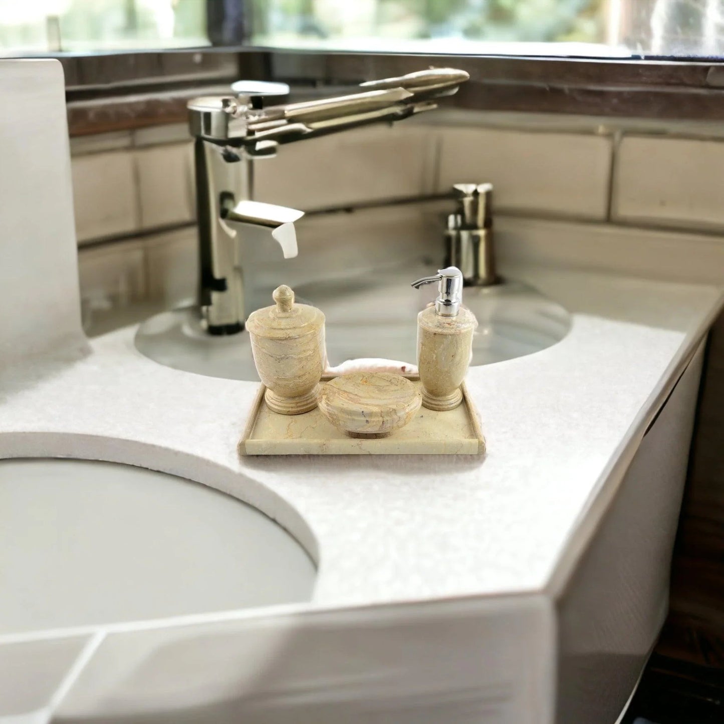 Bathroom Set of Sahara Beige Marble with Vanity Tray - Atlantic Collection