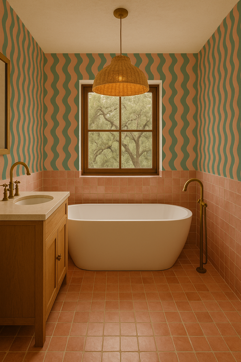 Ziggy Stripe Wallpaper, teal and apricot