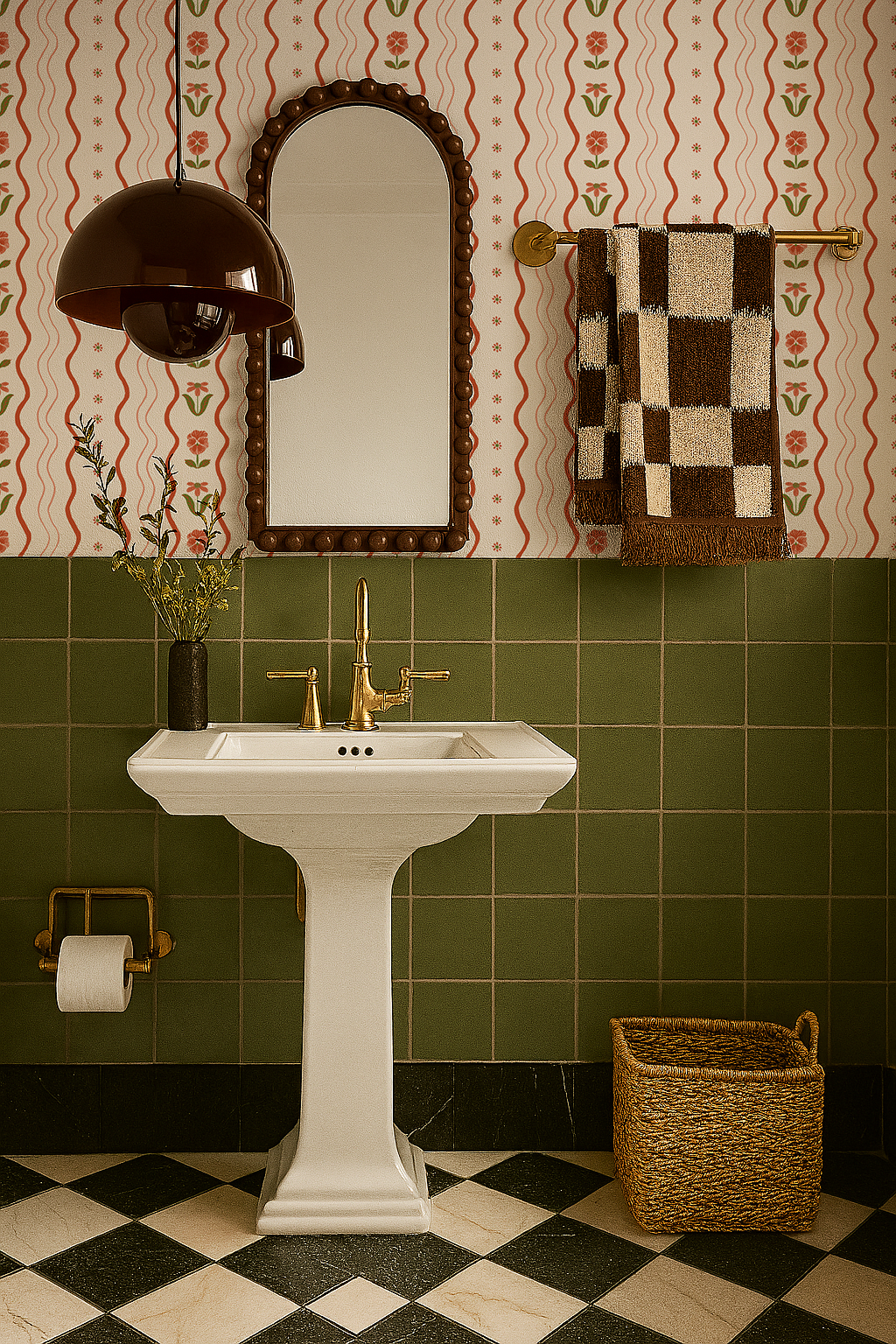 Posy Lane Stripe Wallpaper, beige and poppy red