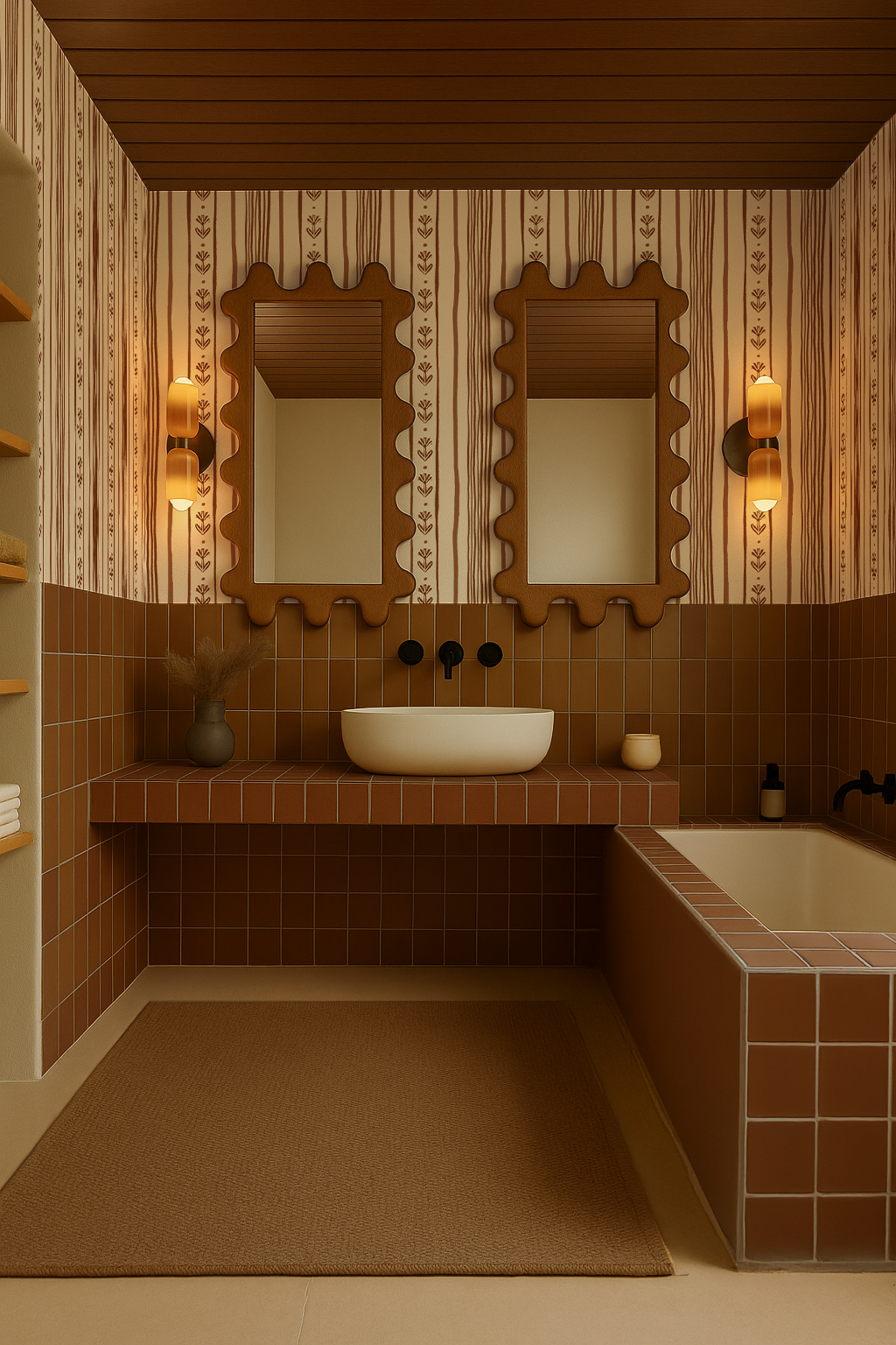 Daisy Chain Stripe Wallpaper, beige and brown