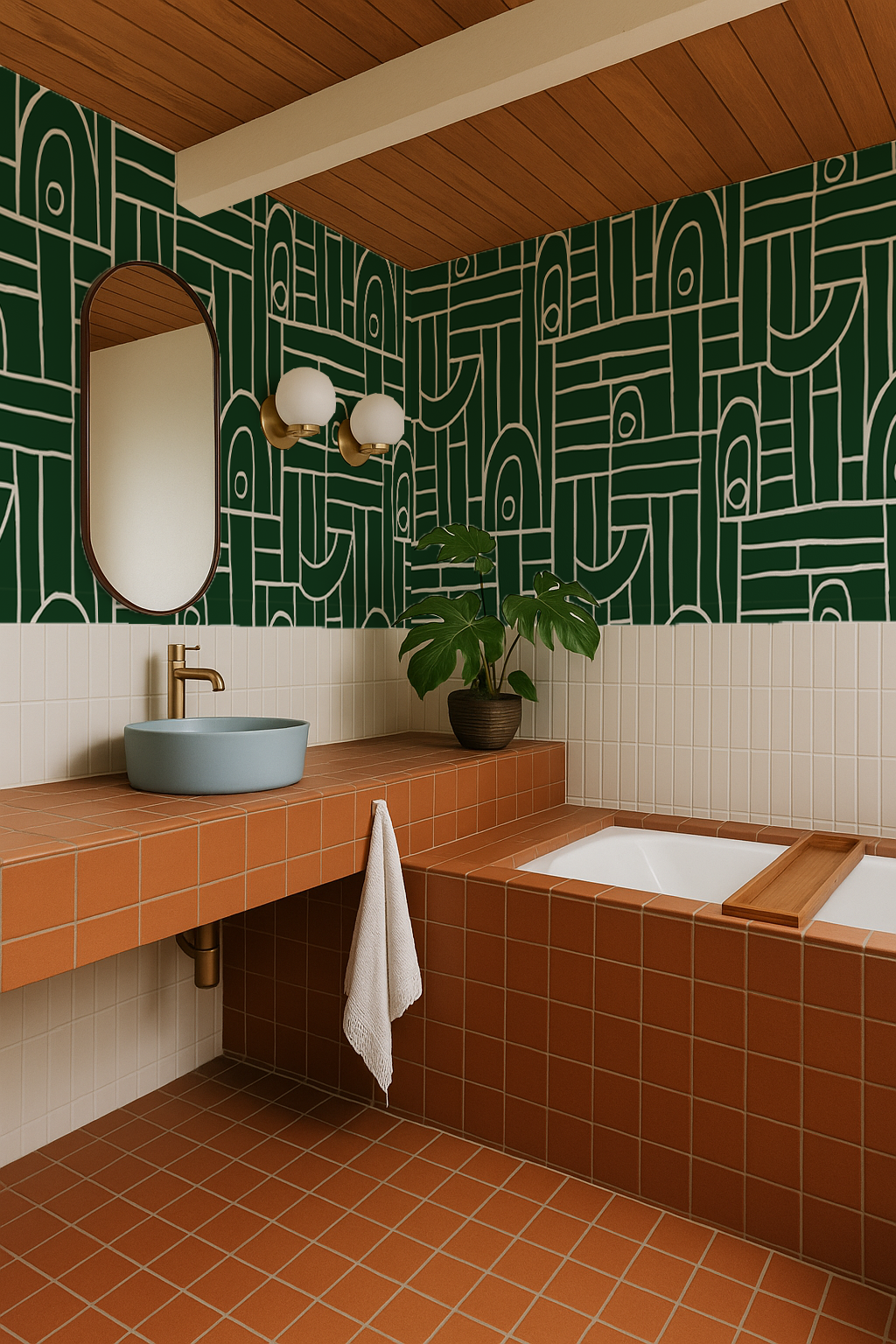 Deco Tile Wallpaper, green & white