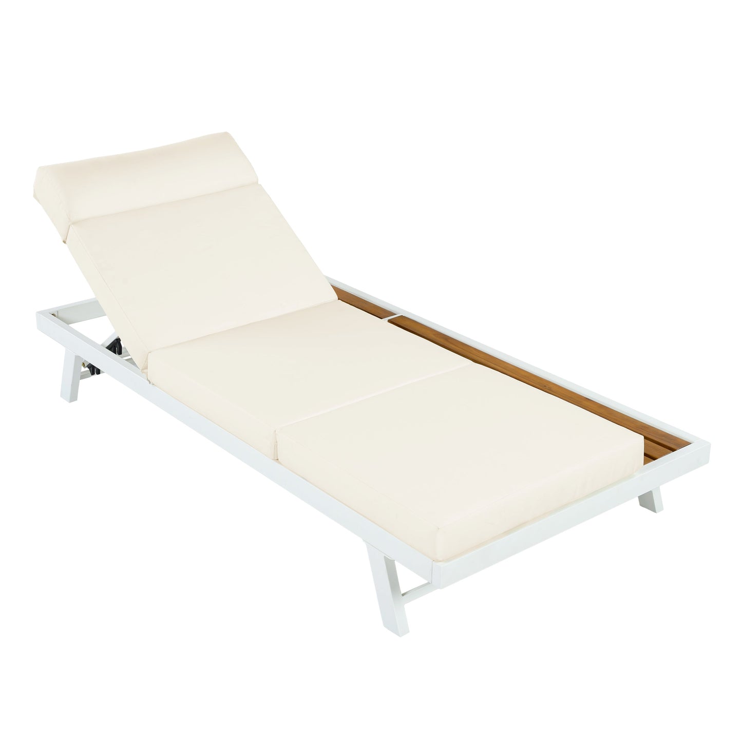 White Iron + Teak Finish Outdoor Chaise Lounge Set