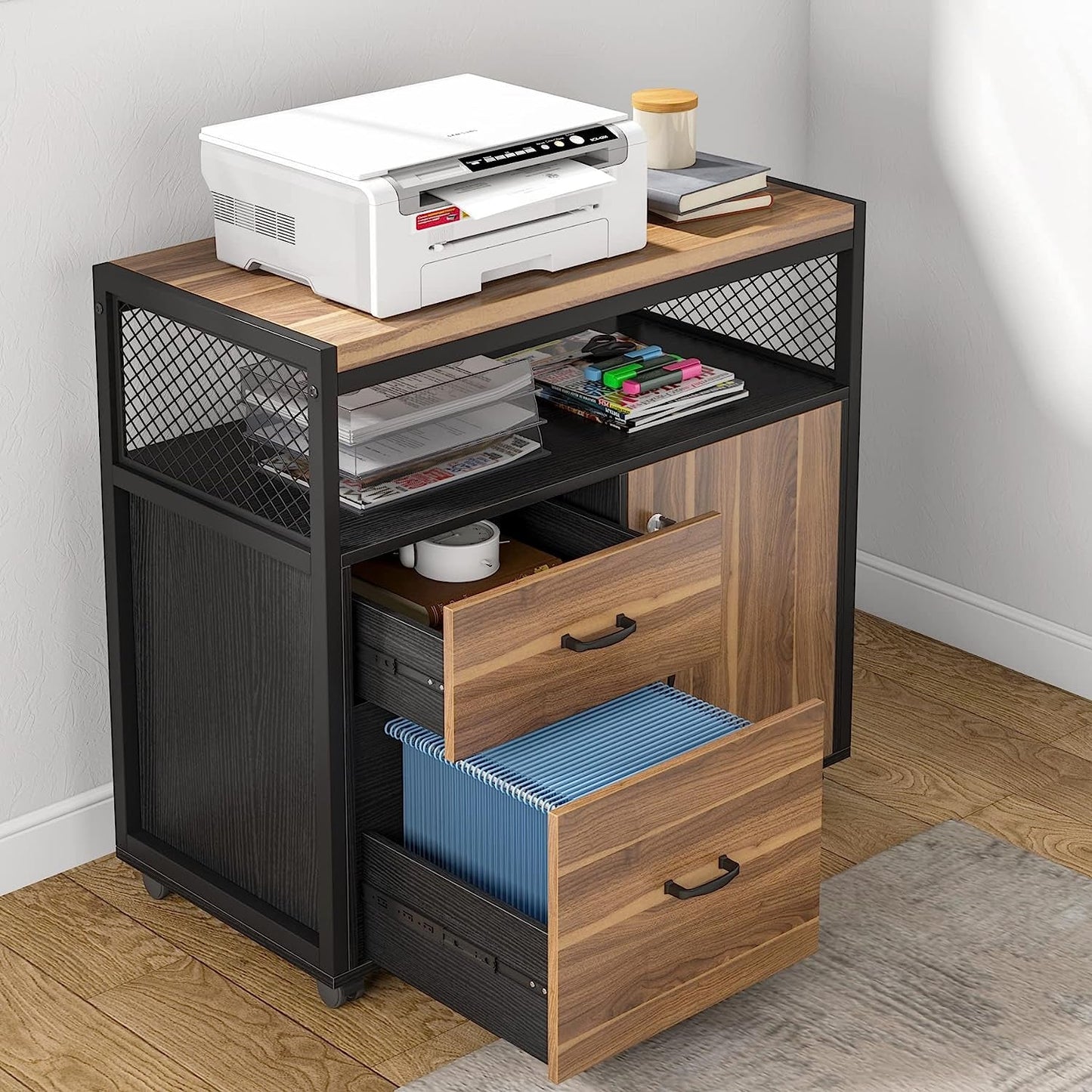 Rustic L Shaped Desk With Storage Cabinet On Wheels