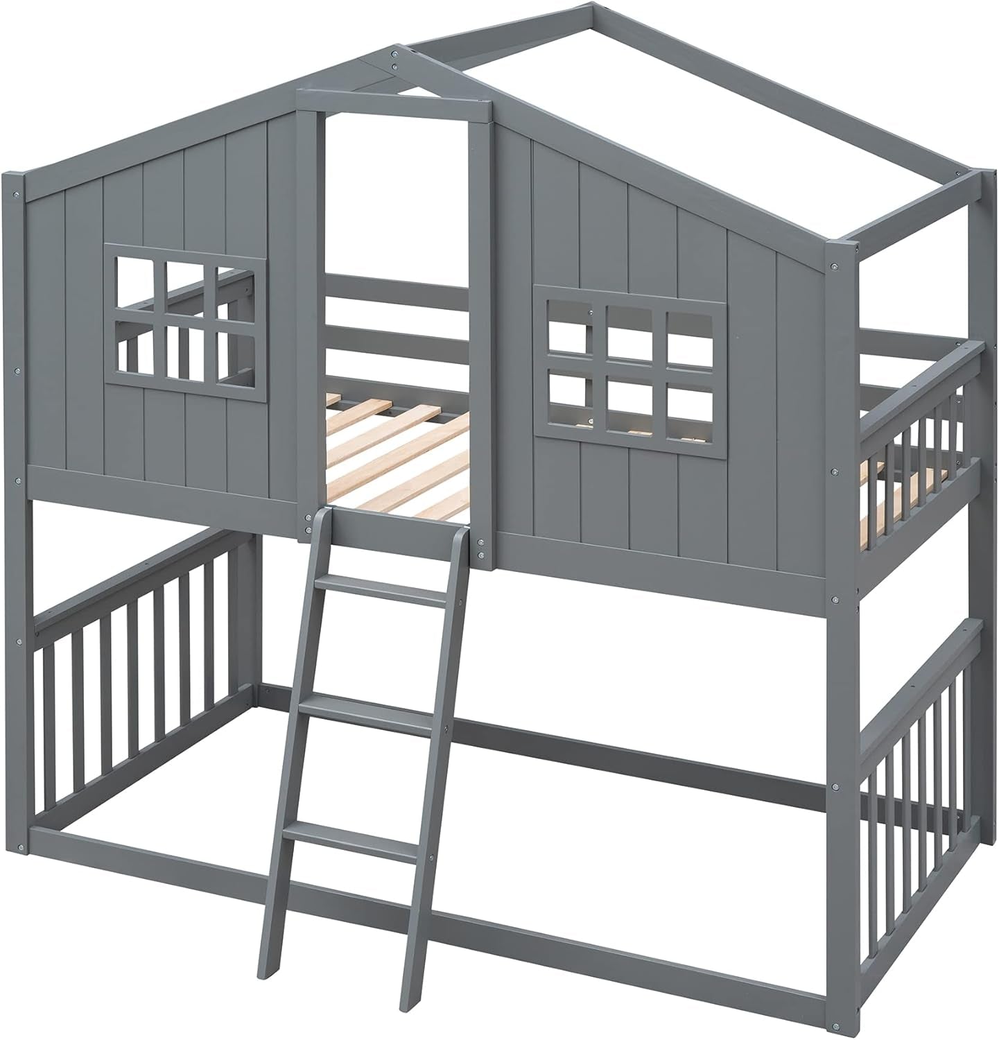 Gray Twin Over Twin House Bunk Bed With Roof For Kids