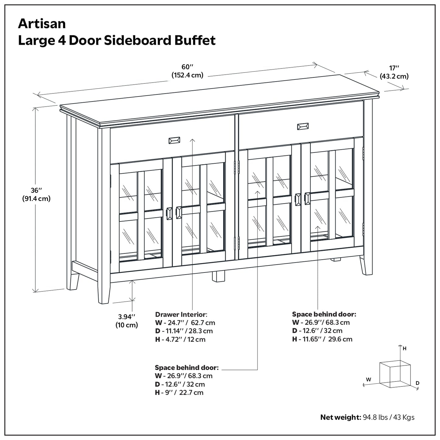 Artisan Solid Wood Large 4 Door Sideboard Buffet in Russet