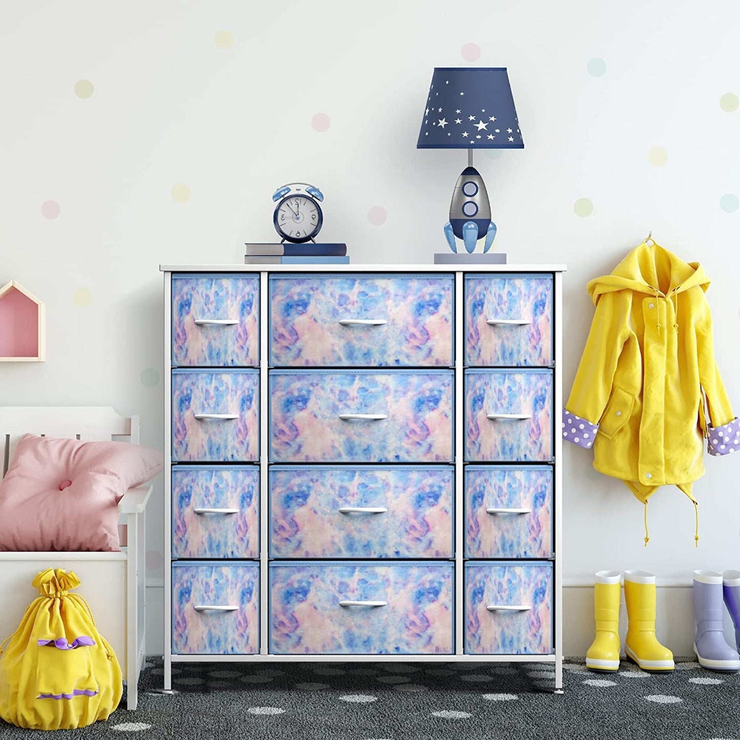 Kids Dresser With 12 Drawers White Finish For Nursery displayed with colorful decor in a bright nursery room.