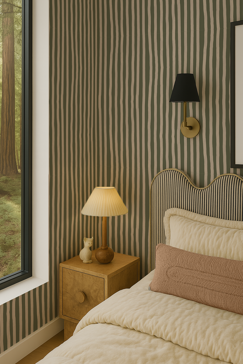 Dolce Stripe Wallpaper, olive green and tan