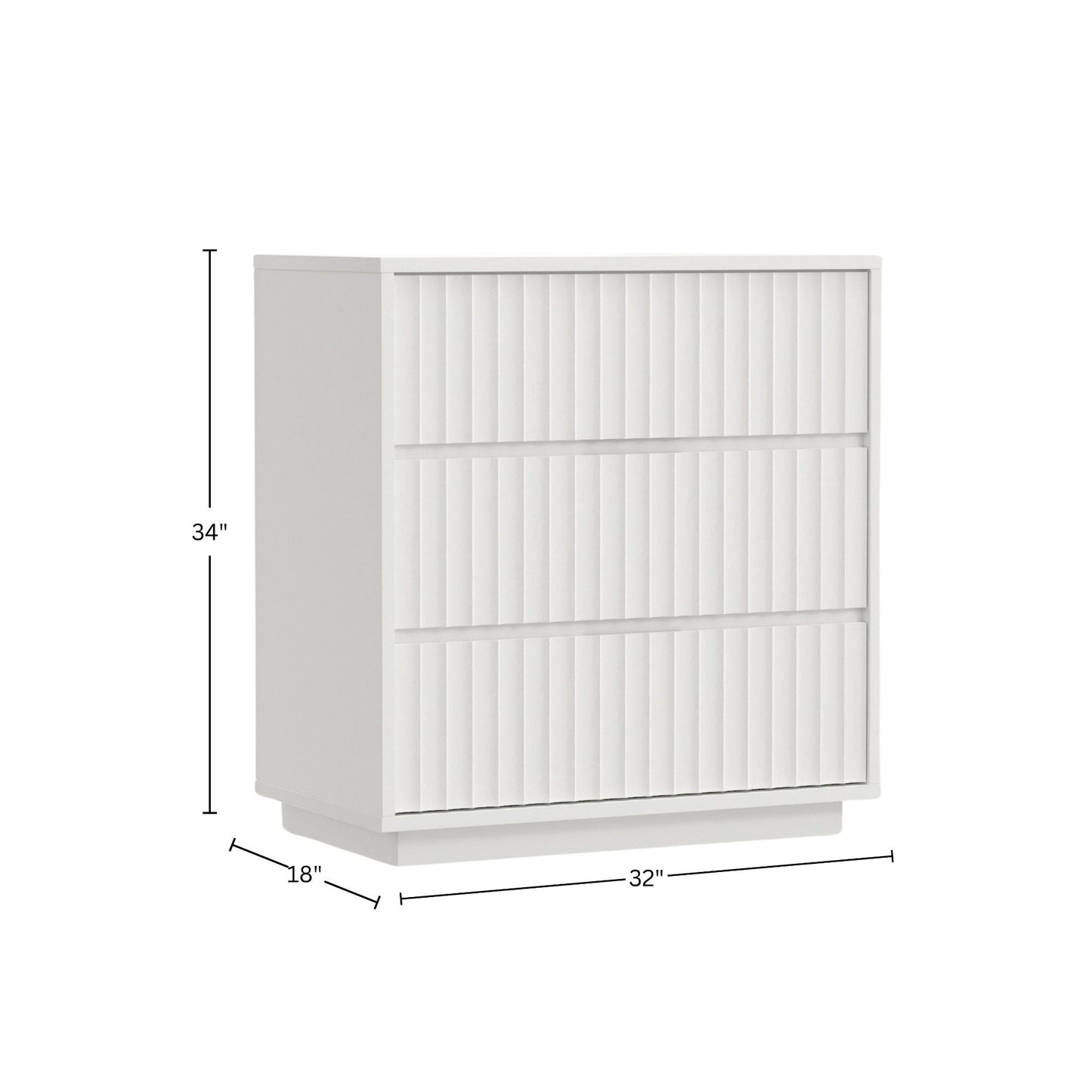 Blanca Small Chest with scalloped drawer fronts, dimensions 34"H x 32"W x 18"D, finished in white.