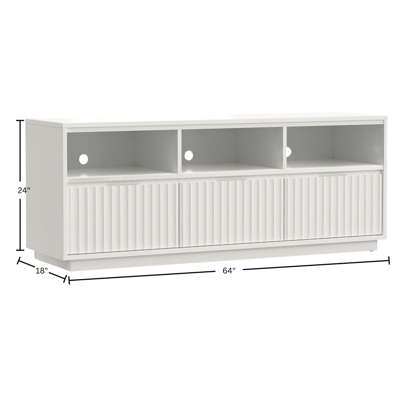 Blanca TV Console, a white handcrafted mahogany TV stand with open shelves and ribbed doors.
