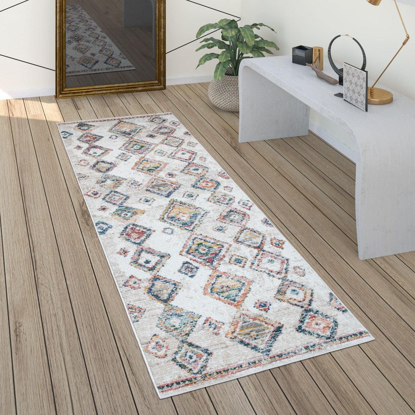 Boho Rug Cream Colorful Ethnic Diamond Pattern Ripped Design