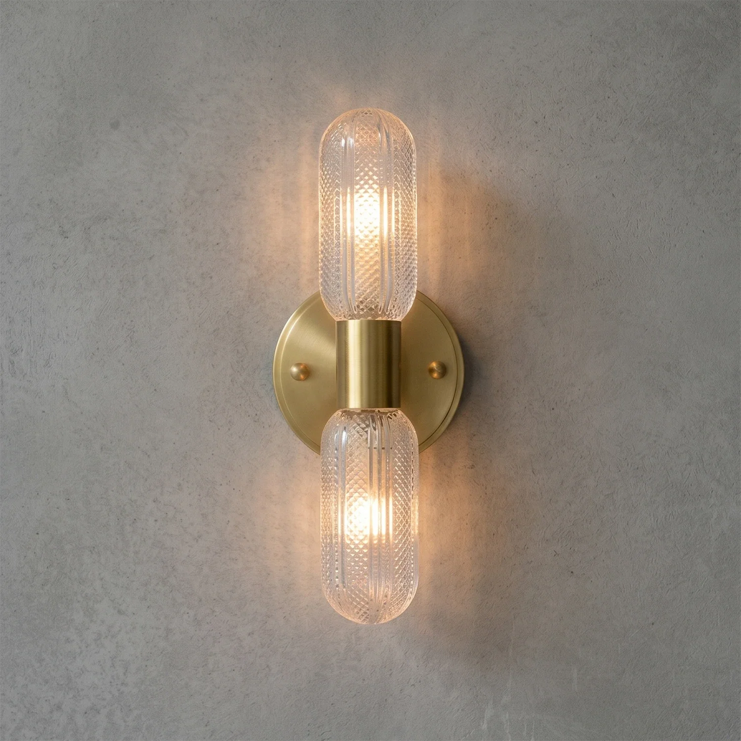 Brass Ribbed Glass Double Wall Sconce