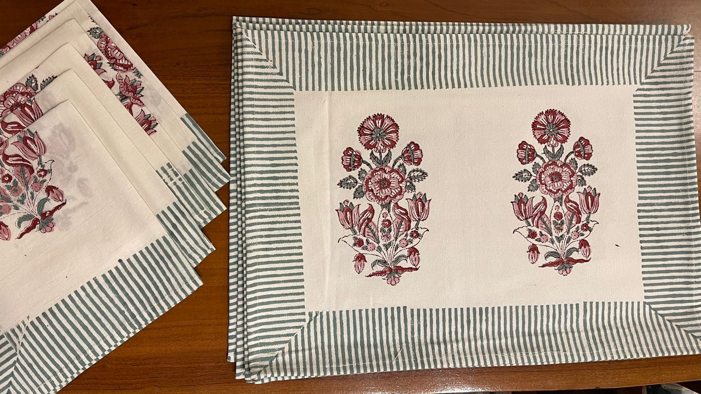 Hand Block Printed Cotton Burgundy & Charcoal Floral Bouquet 13 Pieces Table Linen Set
