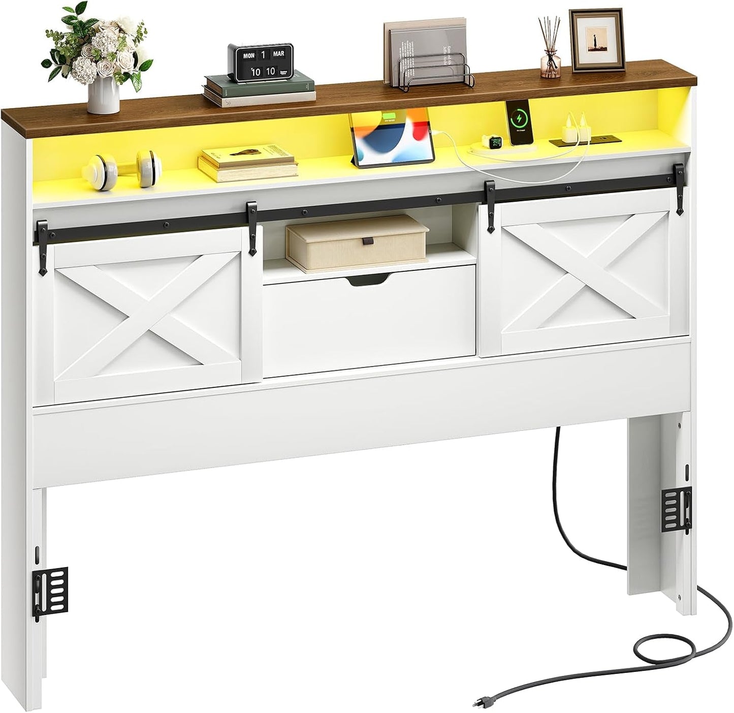 Farmhouse Queen Headboard with Storage and Charging Station