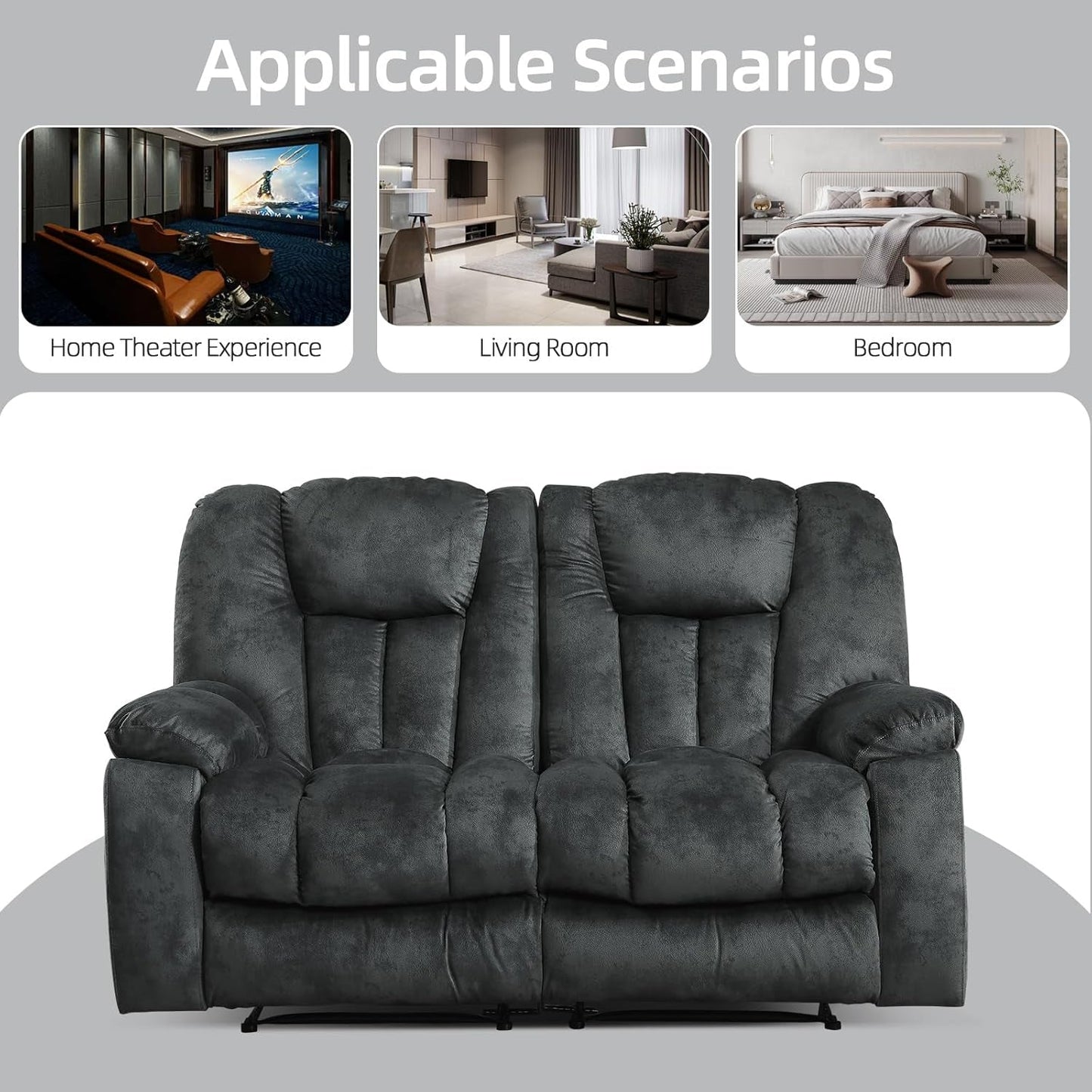 Grey Extra Wide Loveseat Recliner Sofa For Two Cup Holders