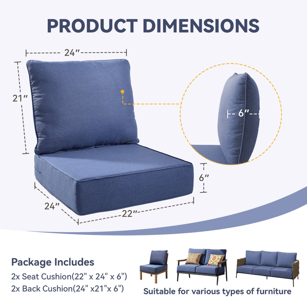 6" Thicker Outdoor Chair Cushion Set - 2 Pieces