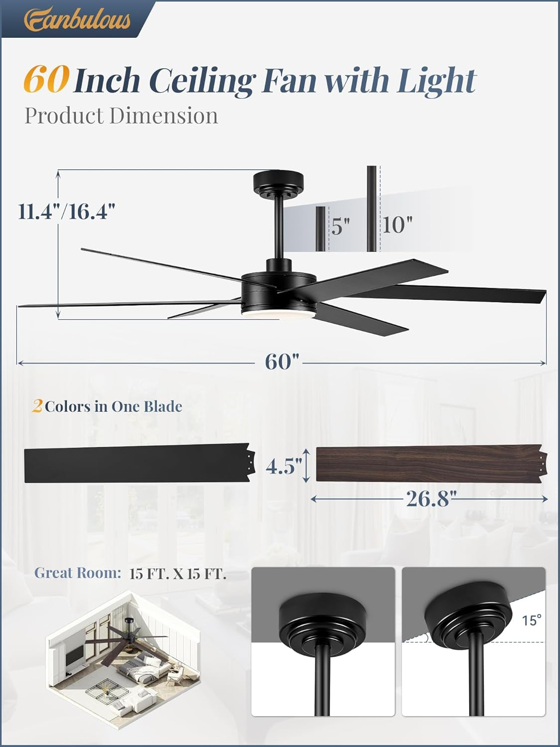 60 Inch Black Ceiling Fan With Lights Remote DC Motor dimensions and features illustration