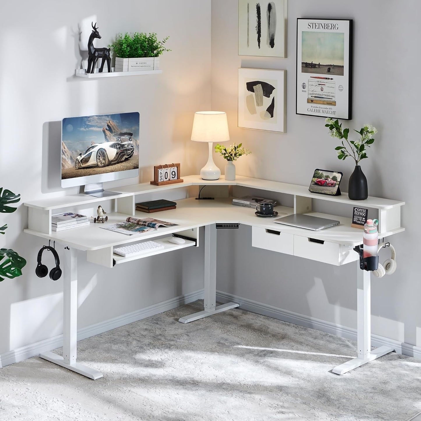 60 Inch L Shaped Electric Standing Desk Antique White