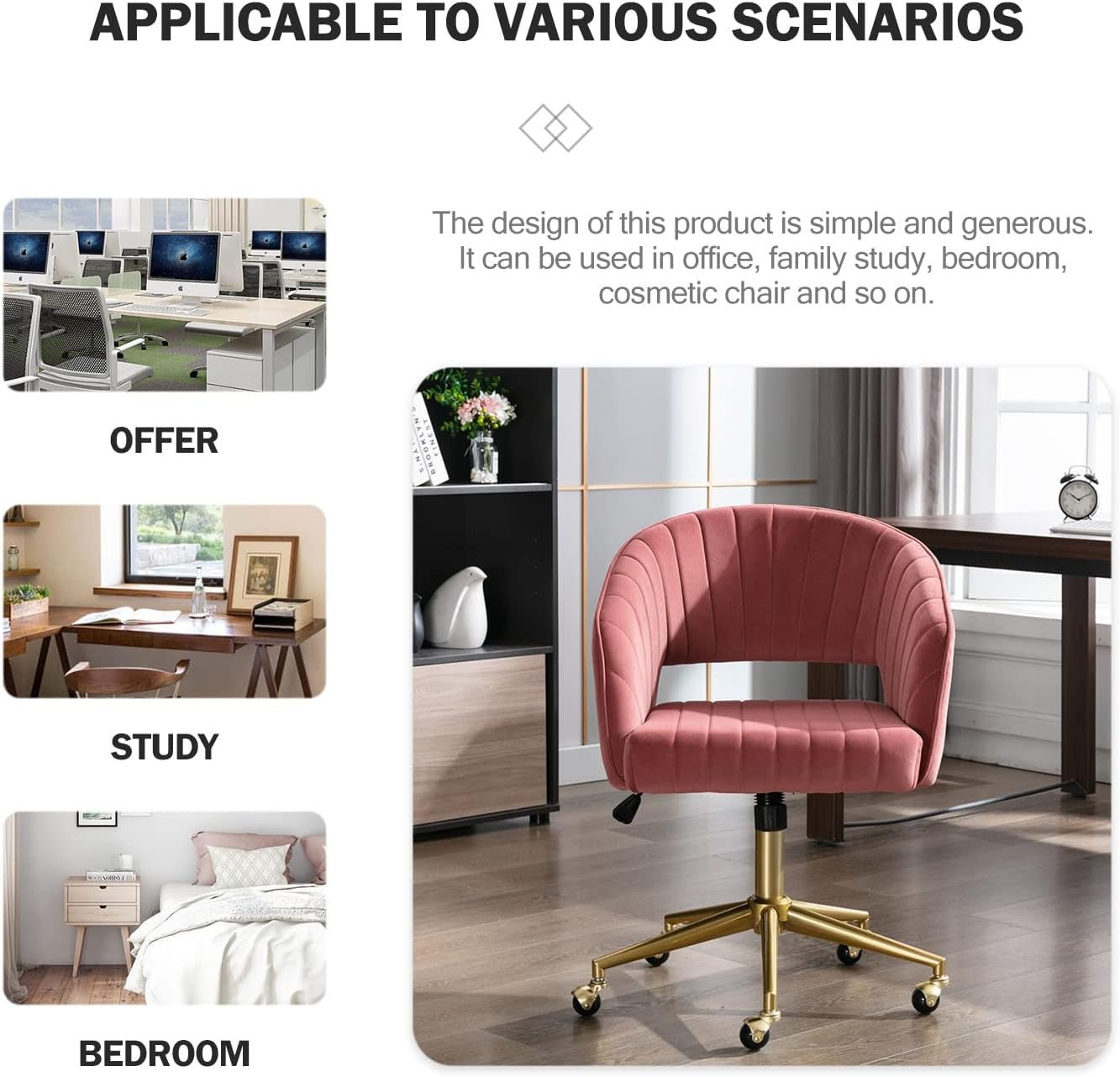 Rose Velvet Office Desk Chair With Ergonomic Design And Swivel Wheels