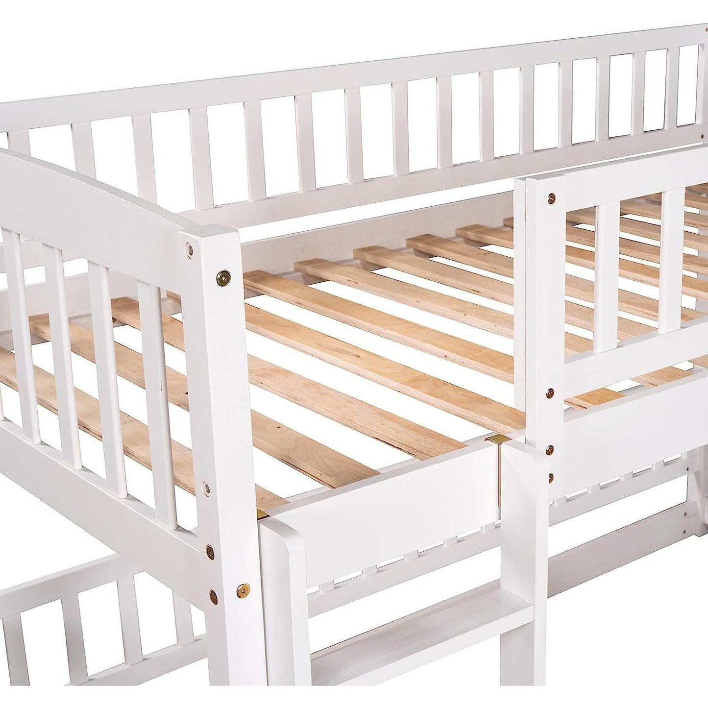 Twin Low Bunk Bed With Openable Fence And Slide White