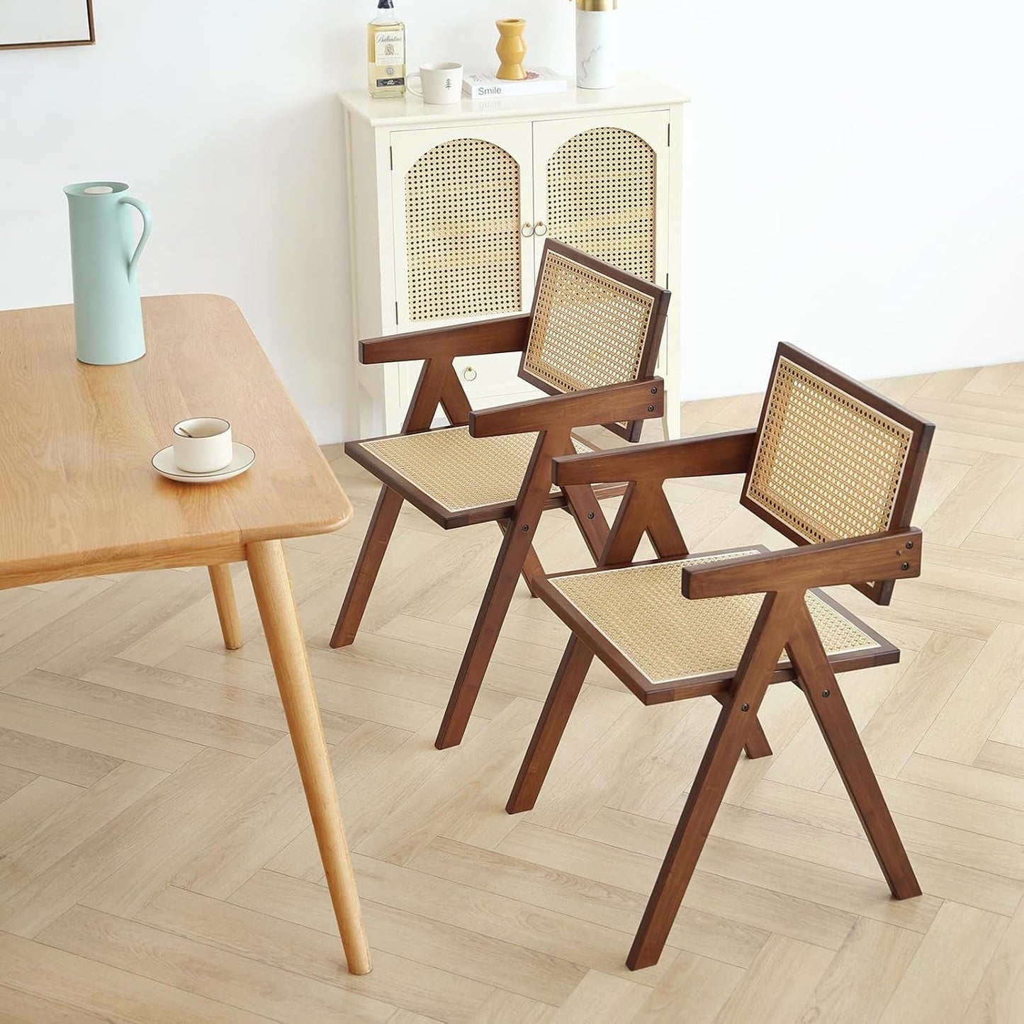 Walnut Rattan Dining Chairs Set Of 2 Ergonomic Back