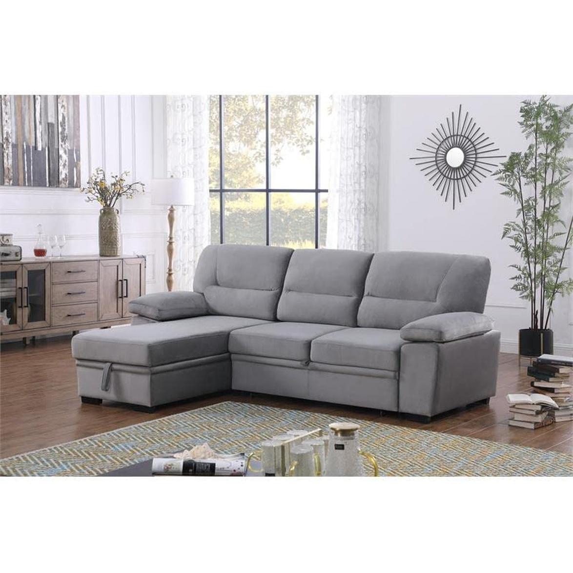 Gray Velvet Reversible Sleeper Sectional Sofa With Storage